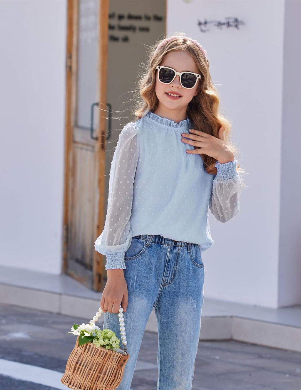 Oudiya Girls Long Sleeve Shirts Chiffon Swiss Dot Blouses Frill Neck Top Casual Loose Cute Tee for Kids 6-13Y