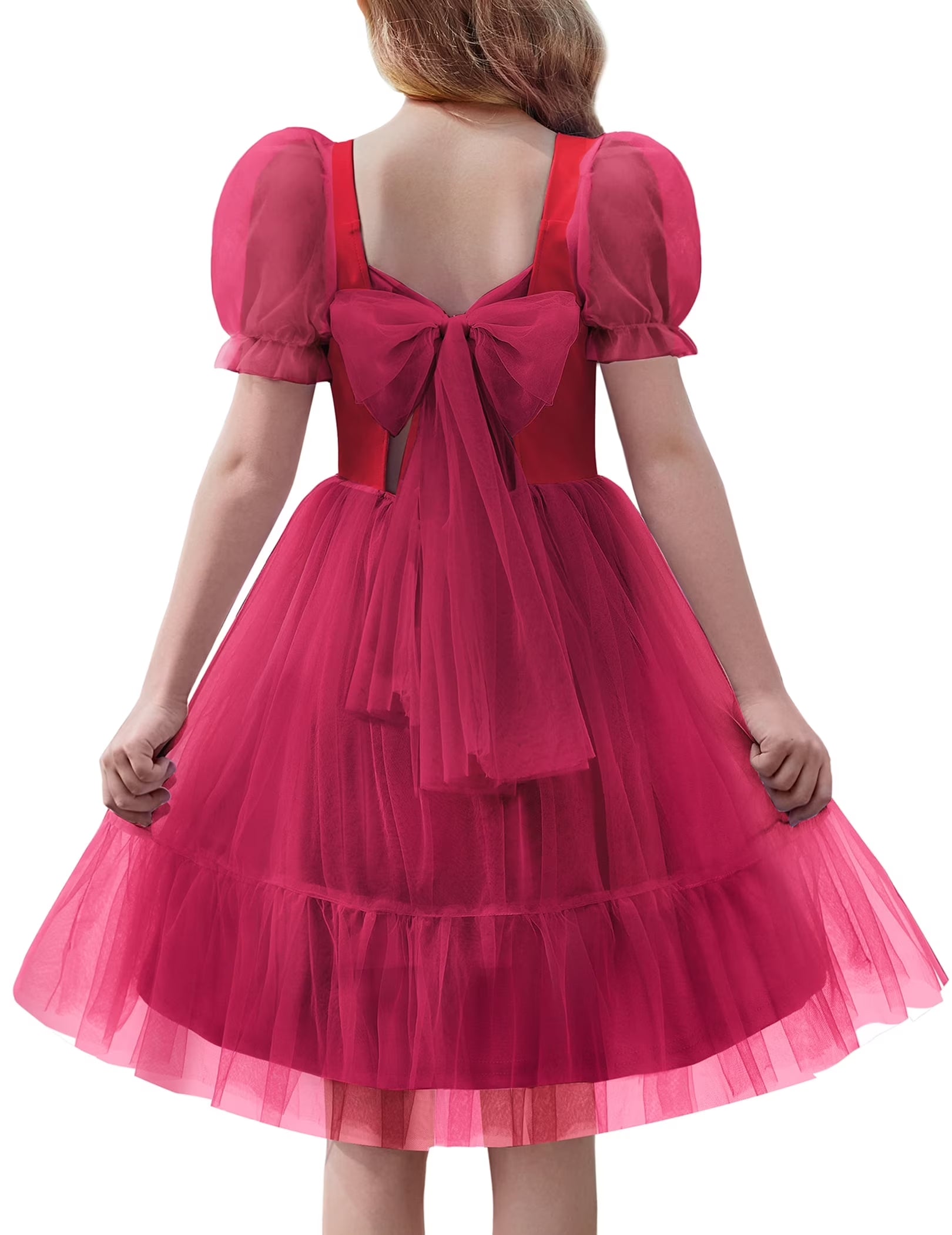 Oudiya Girls Tulle Dresses Puff Sleeve Bow Tie Back Spring Summer Party Holiday Dress for Kids 6-16