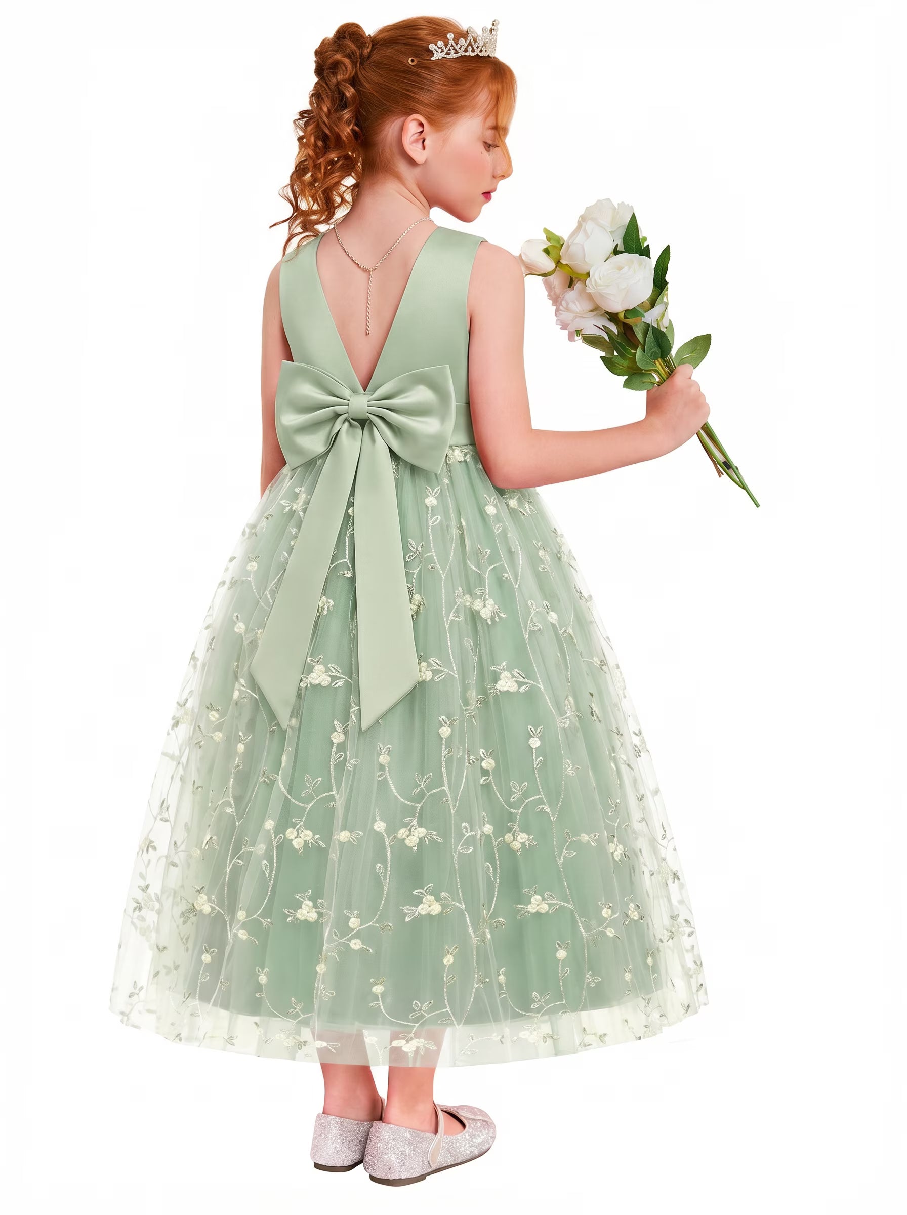 Oudiya Flower Girls Dress Bowknot V-Back Formal Pageant Ball Gown Party Wedding Tulle Long Dresses, 4-12Y