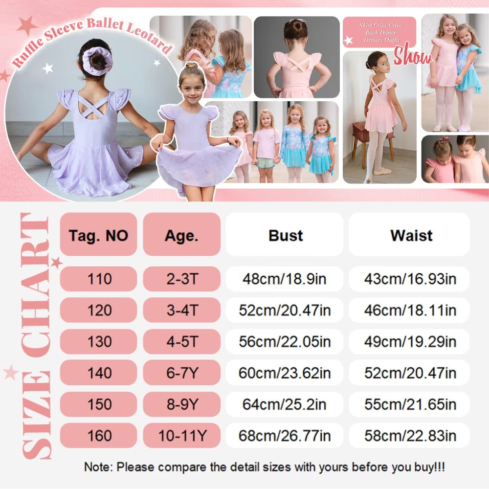 Oudiya Girls Ballet Dress Ruffle Sleeve Dance Leotard with Skirt Criss Cross Back Dance Clothes for Kids 3-4Y
