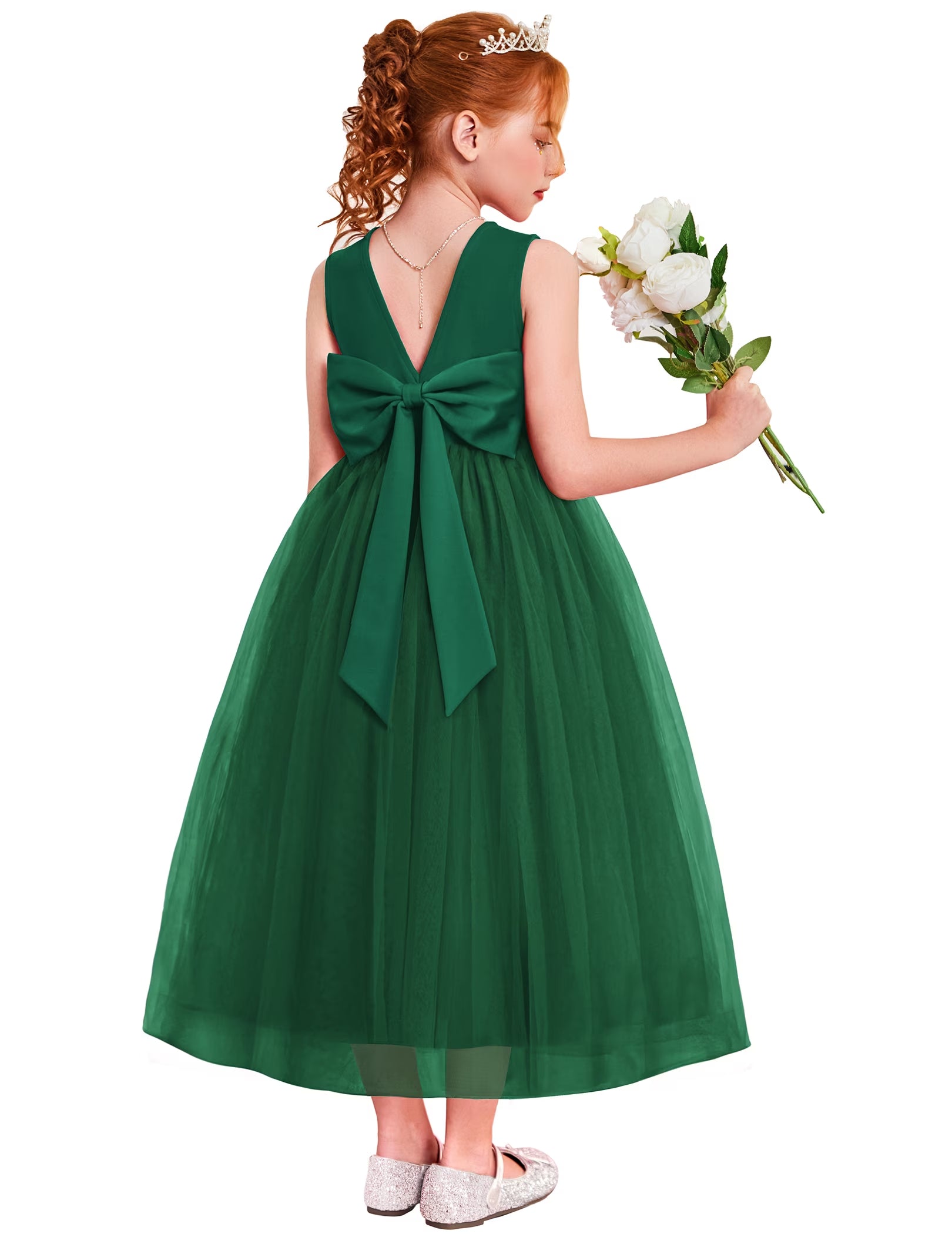 Oudiya Flower Girls Dress Bowknot V-Back Formal Pageant Ball Gown Party Wedding Tulle Long Dresses, 4-12Y