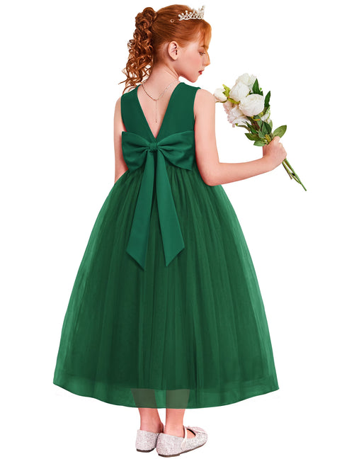 Oudiya Flower Girls Dress Bowknot V-Back Formal Pageant Ball Gown Party Wedding Tulle Long Dresses, 4-12Y