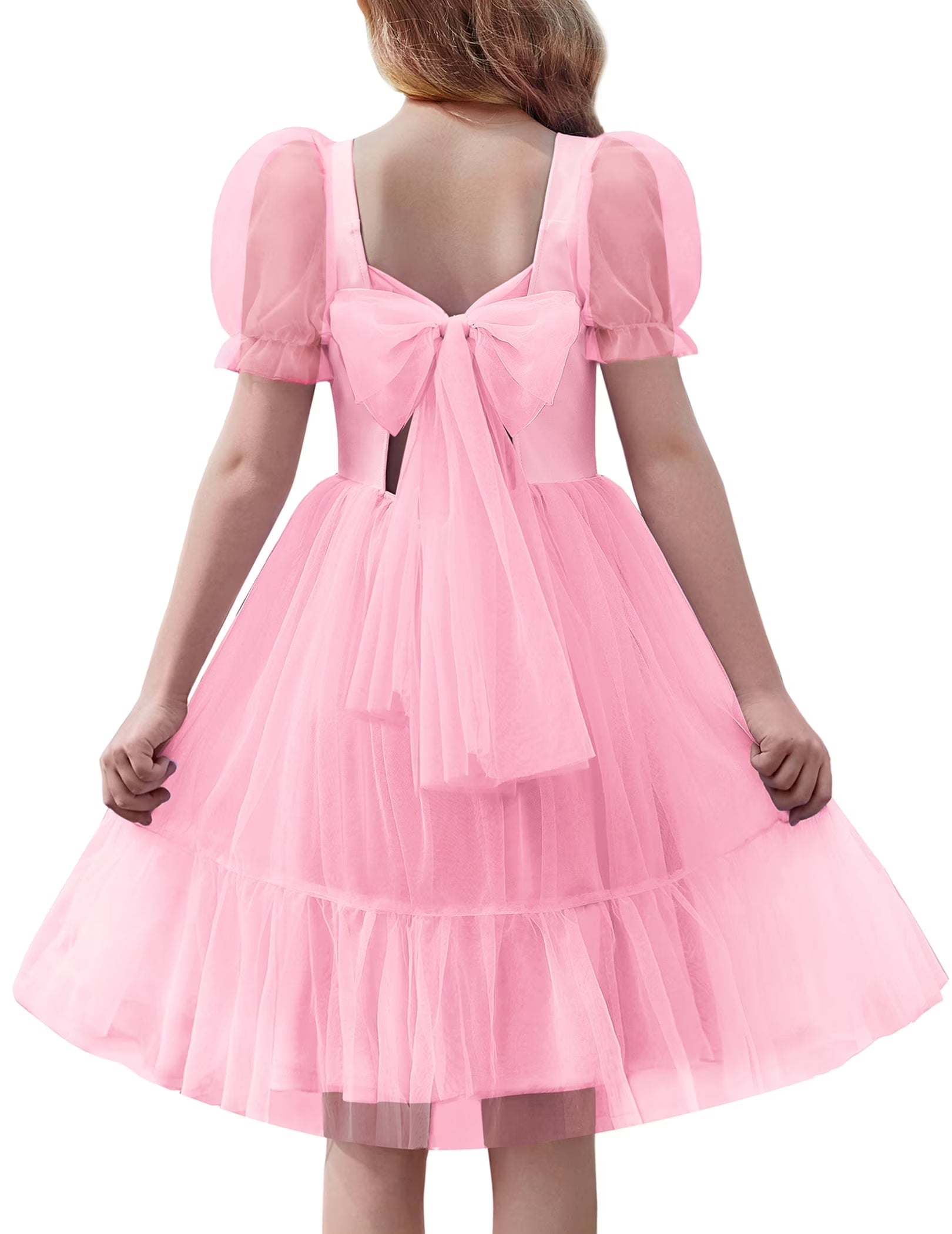 Oudiya Girls Tulle Dresses Puff Sleeve Bow Tie Back Spring Summer Party Holiday Dress for Kids 6-16