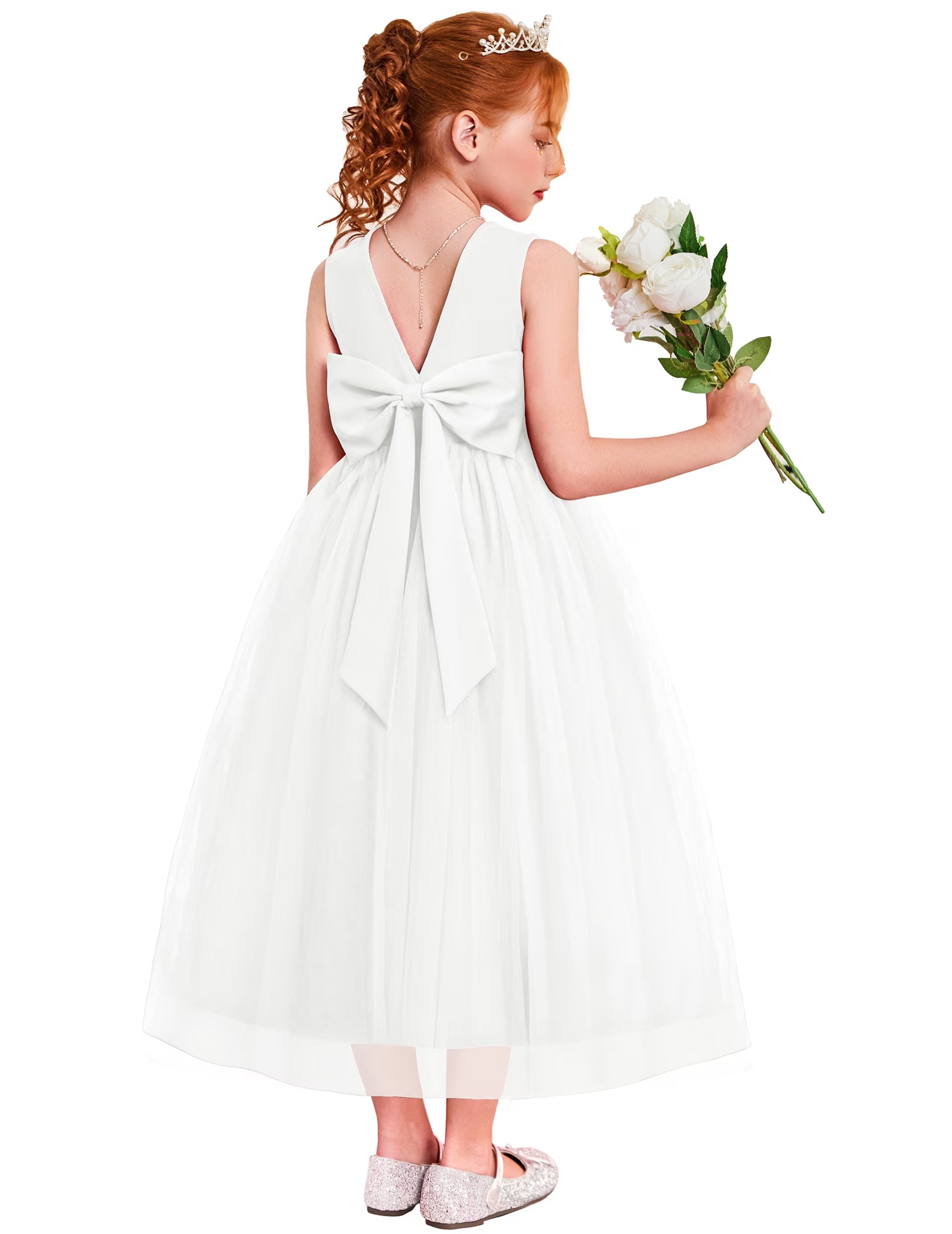 Oudiya Flower Girls Dress Bowknot V-Back Formal Pageant Ball Gown Party Wedding Tulle Long Dresses, 4-12Y