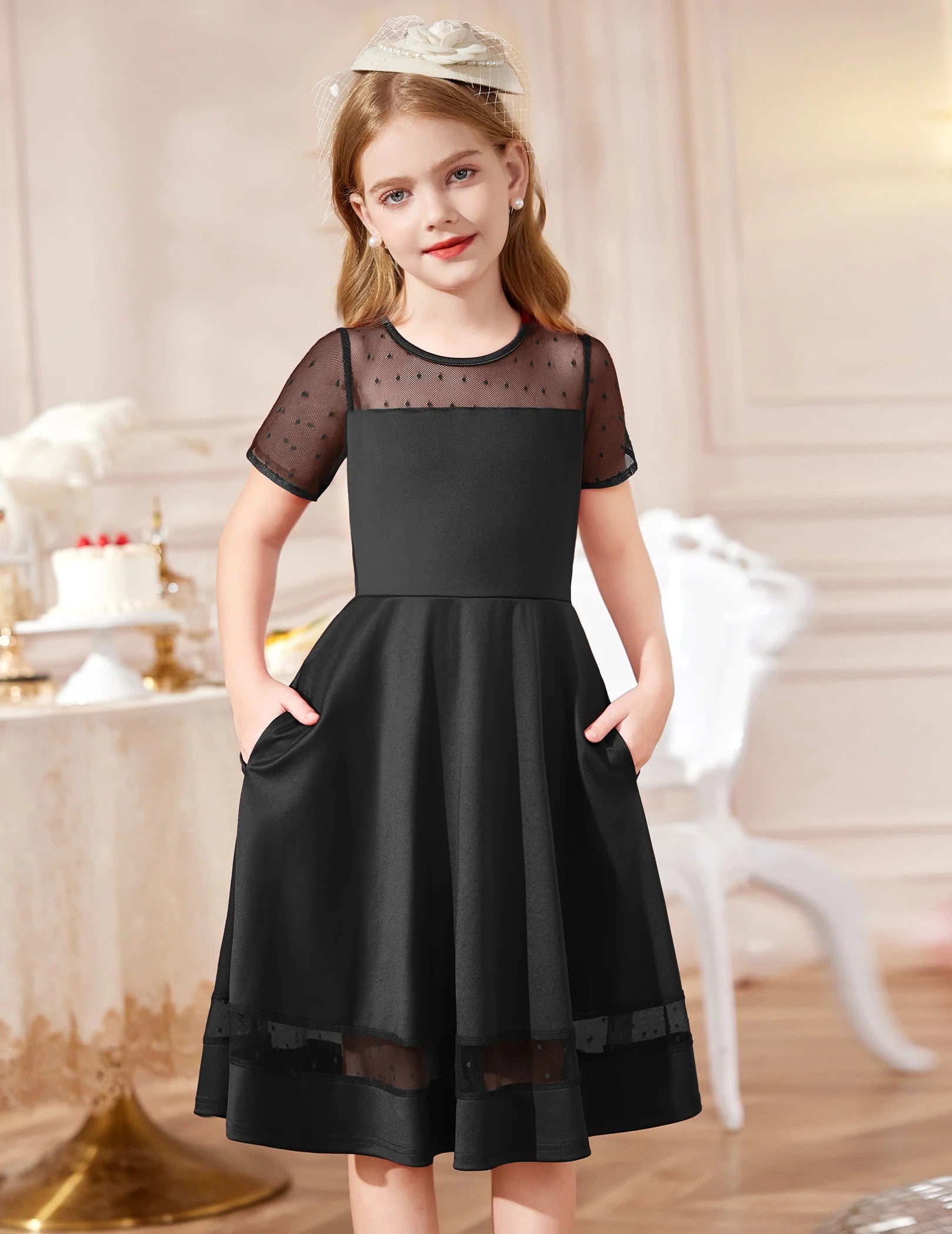 Oudiya Girls Contrast Mesh Short Sleeve A Line Party Dresses Formal Dress with Pockets for Tween 5-12Y