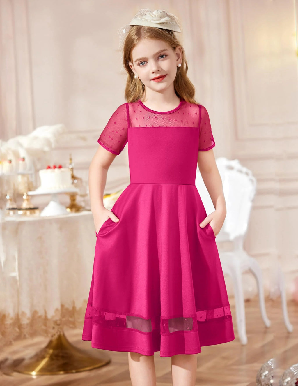Oudiya Girls Contrast Mesh Short Sleeve A Line Party Dresses Formal Dress with Pockets for Tween 5-12Y