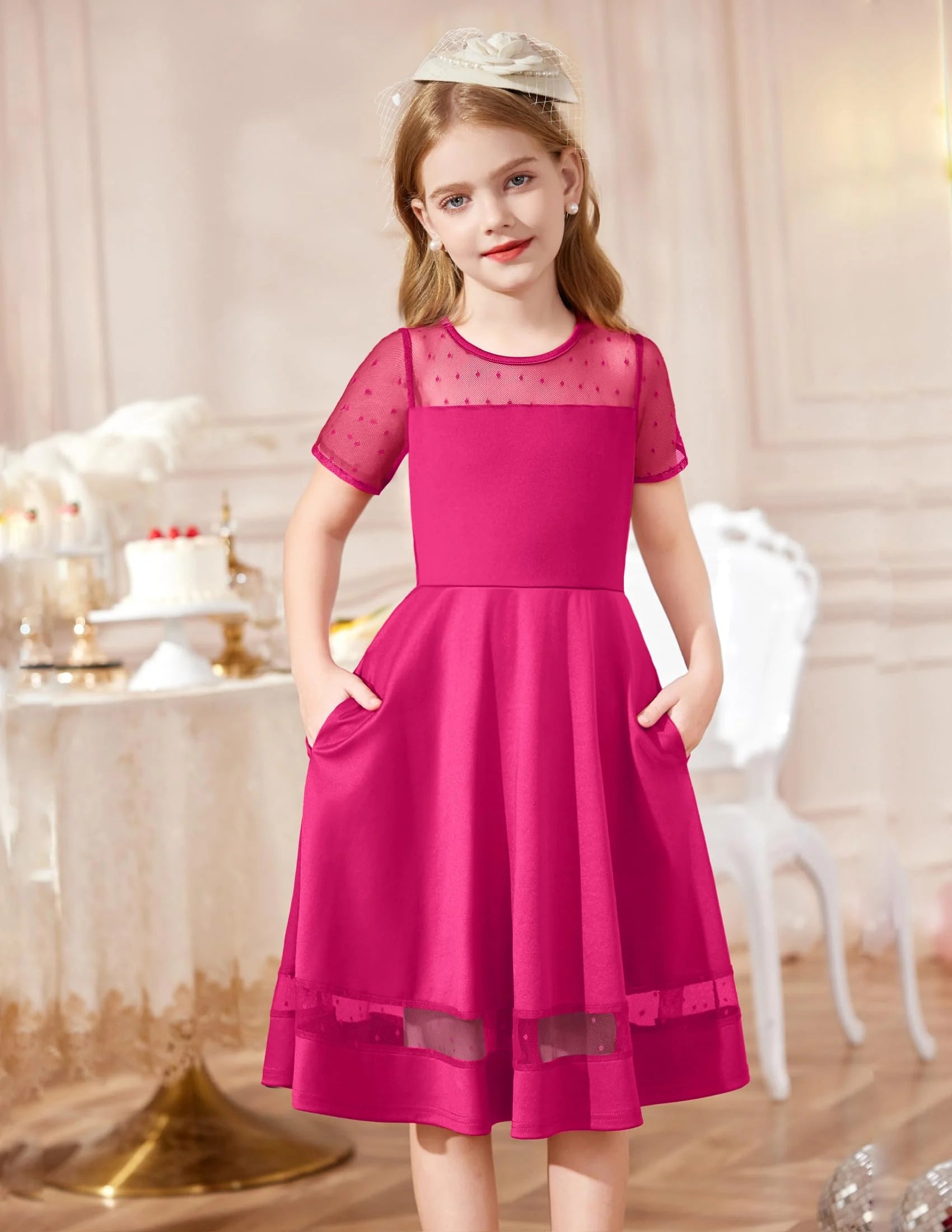 Oudiya Girls Contrast Mesh Short Sleeve A Line Party Dresses Formal Dress with Pockets for Tween 5-12Y