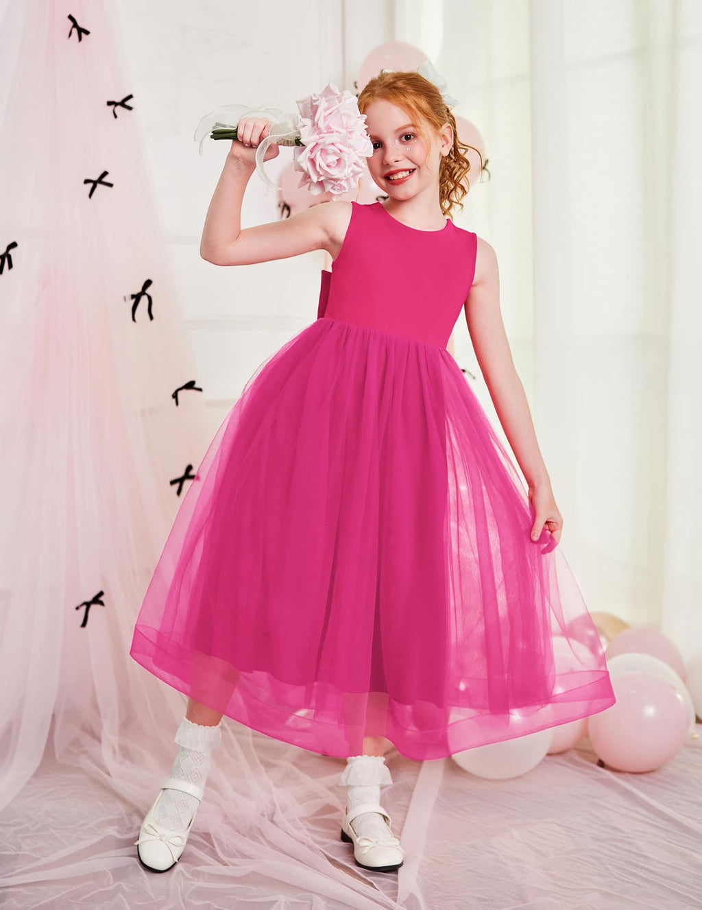 Oudiya Flower Girls Dress Bowknot V-Back Formal Pageant Ball Gown Party Wedding Tulle Long Dresses, 4-12Y