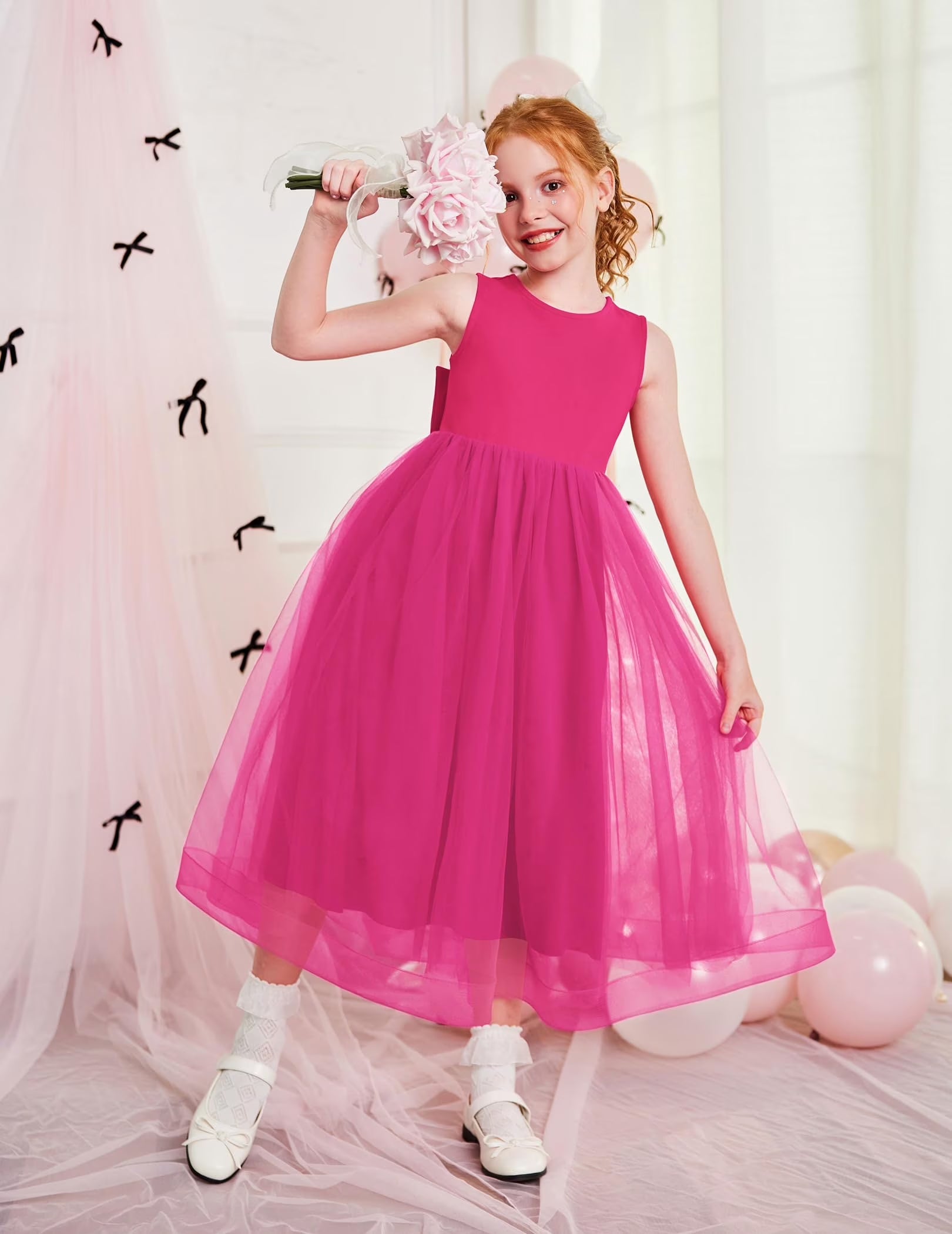 Oudiya Flower Girls Dress Bowknot V-Back Formal Pageant Ball Gown Party Wedding Tulle Long Dresses, 4-12Y