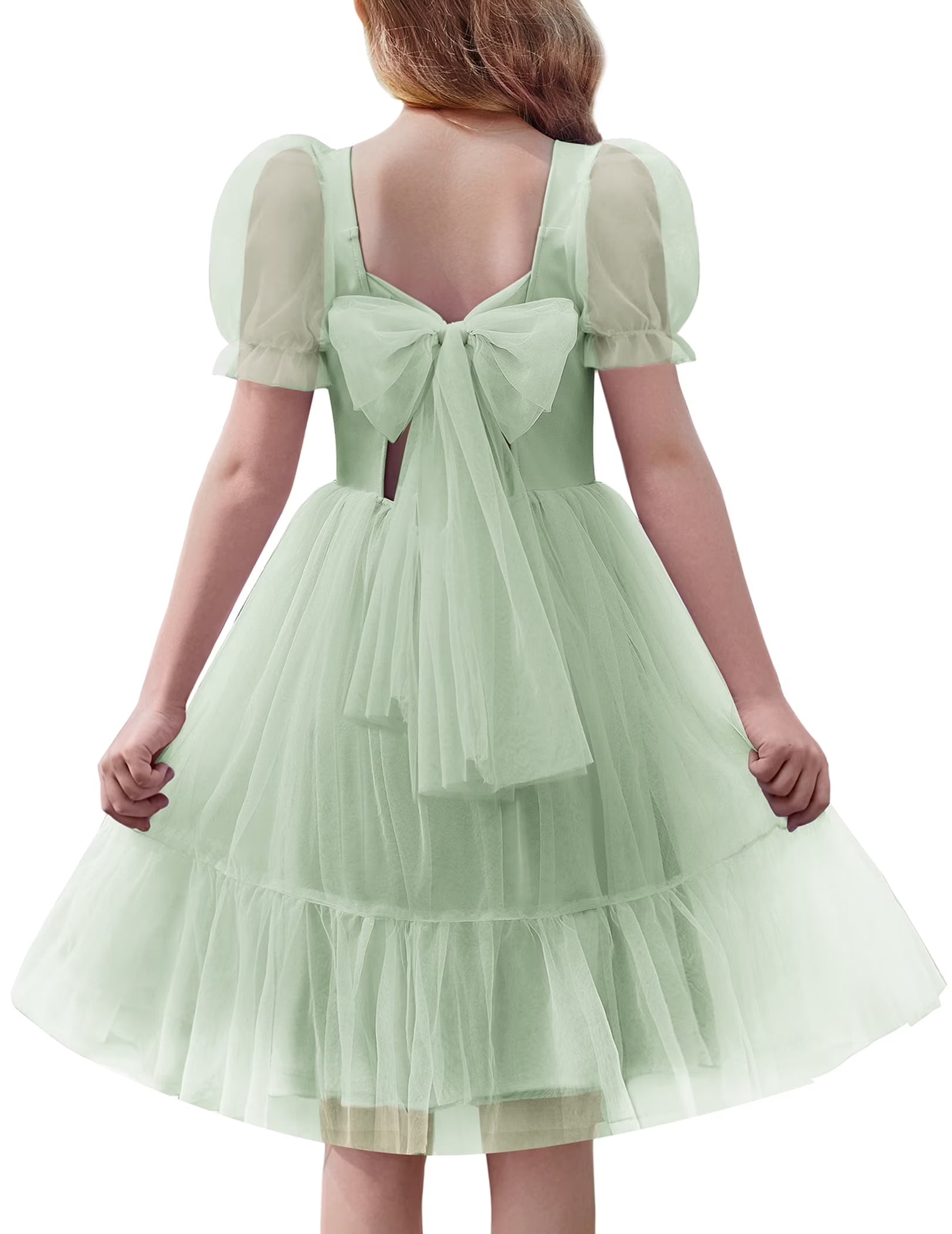 Oudiya Girls Tulle Dresses Puff Sleeve Bow Tie Back Spring Summer Party Holiday Dress for Kids 6-16