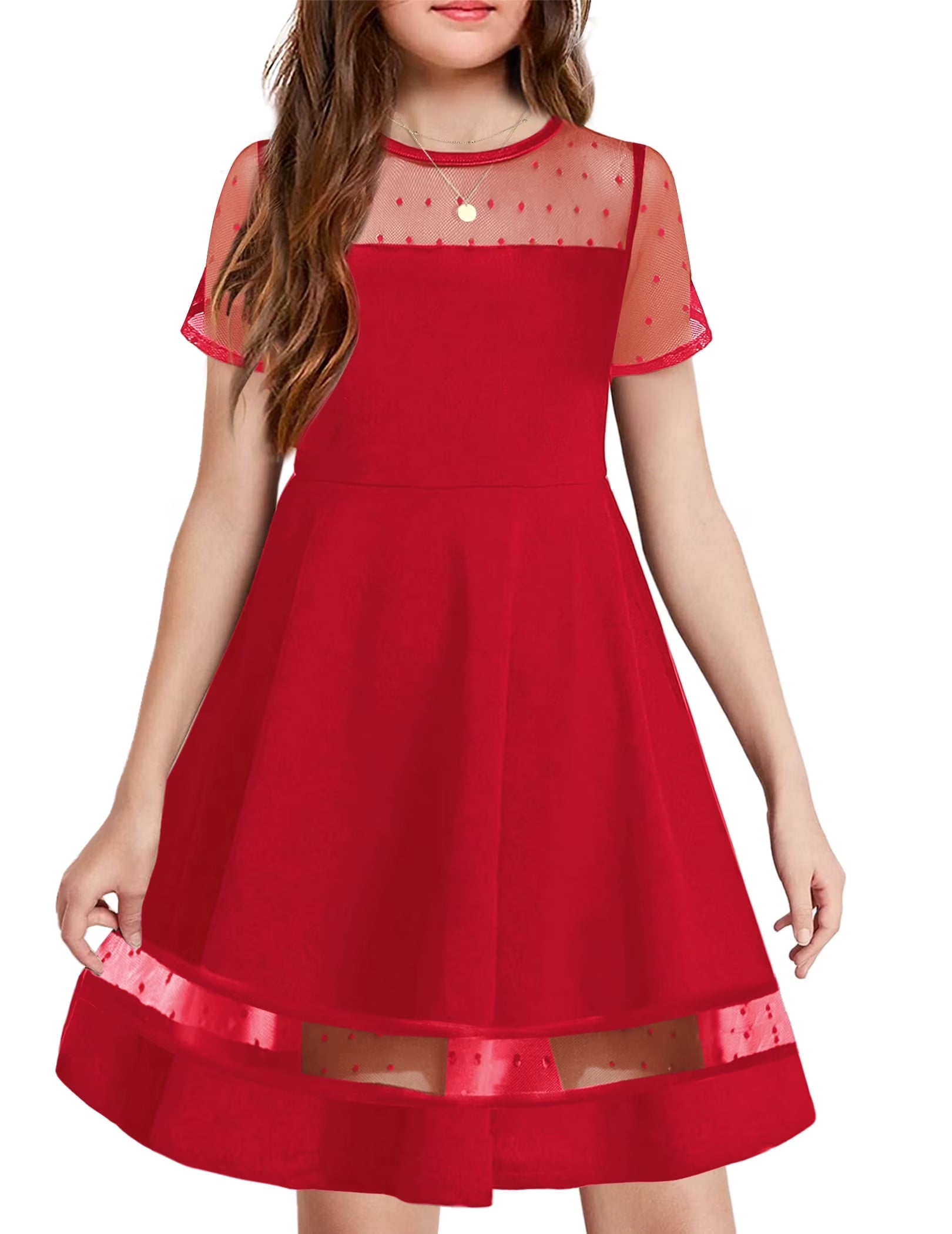 Oudiya Girls Contrast Mesh Short Sleeve A Line Party Dresses Formal Dress with Pockets for Tween 5-12Y