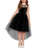 Oudiya Girls Formal Party Dresses Wedding Tulle Sleeveless Contrast Mesh High Low Flower Dress with Belt