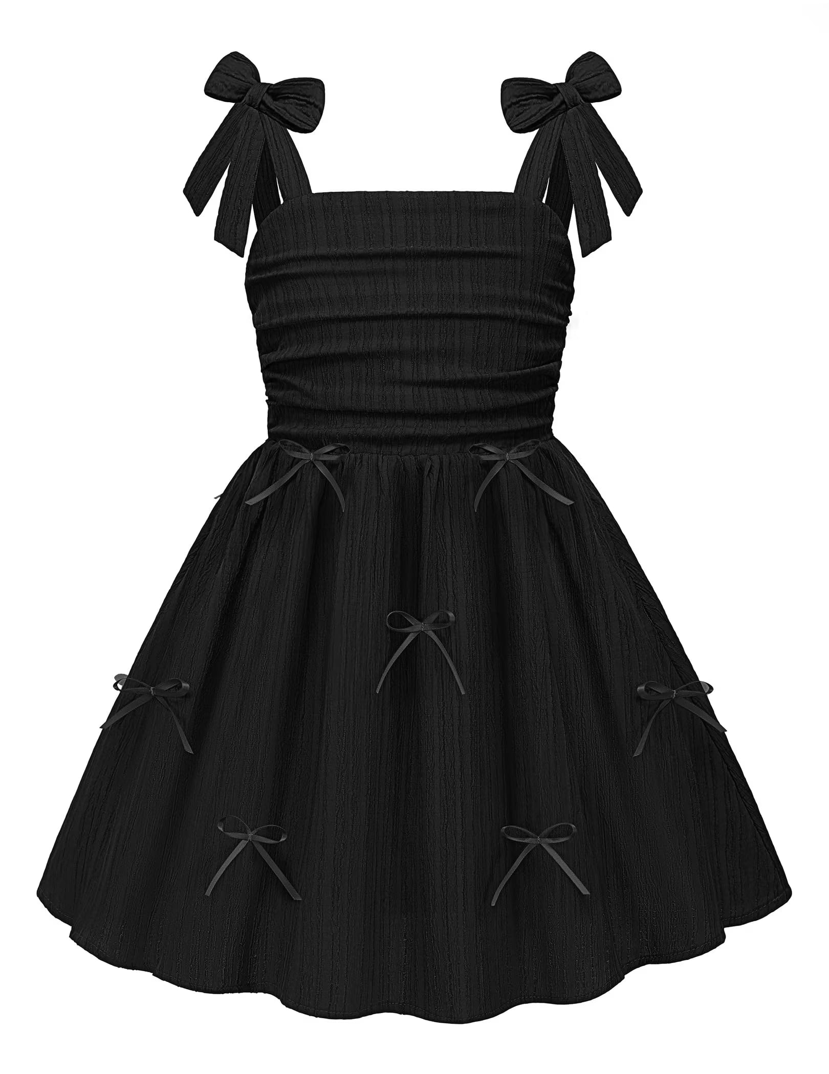 Oudiya Girls Summer Dreeses Spaghetti Strap Bow Ruched Smocked Back Boho Beach Party Sundress, 4-14Y