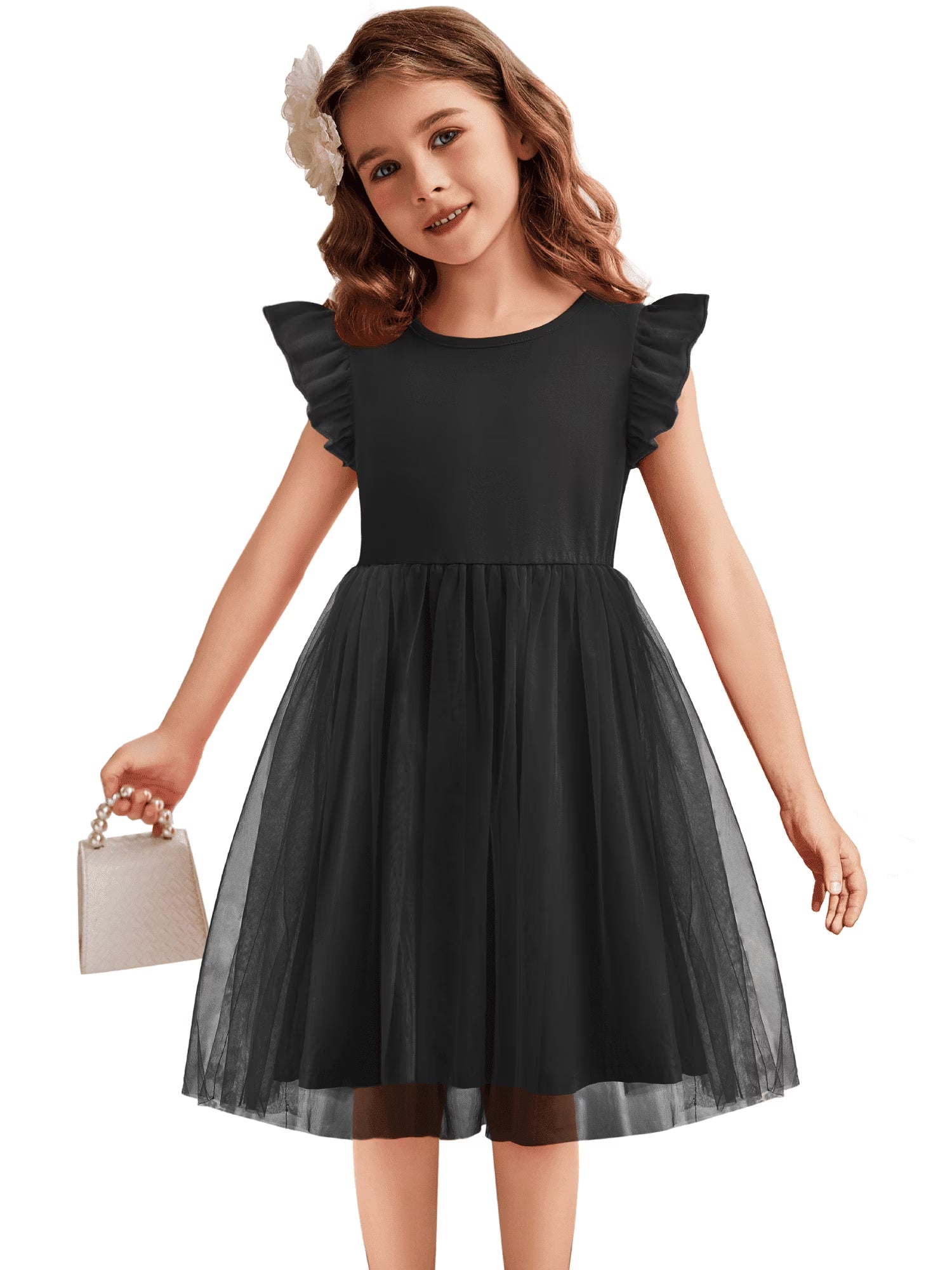Oudiya Toddler Girls Tutu Dress Fluffy Ruffle Sleeve Dresses Summer Casual Tulle Party Sundress for Kids 6-7Y