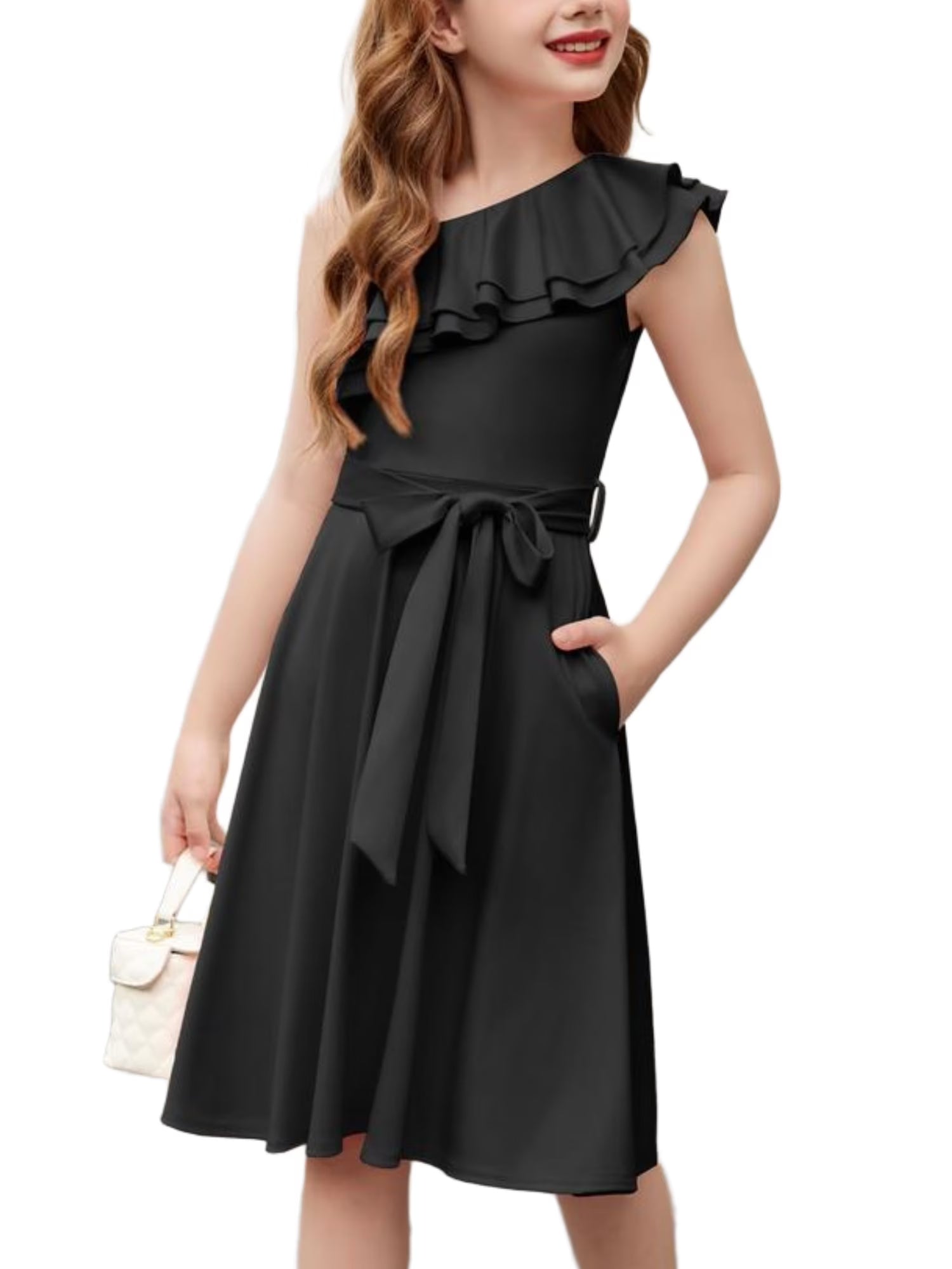 Oudiya Girls One Shoulder Dress Formal Ruffle Trim Birthday Party Dresses with Belted Pockets for Kids 5-12Y
