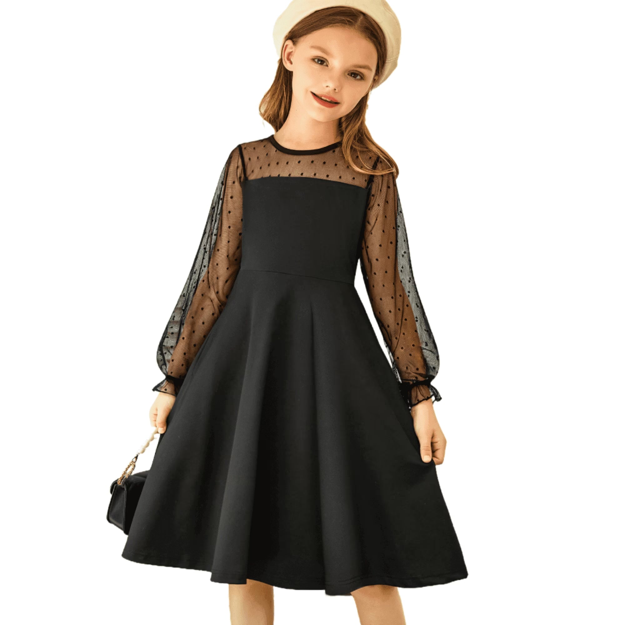 Oudiya Girls Mesh Puff Lantern Long Sleeve High Waist Easter Formal A Line Dress with Pockets for Kids 6-16 Years