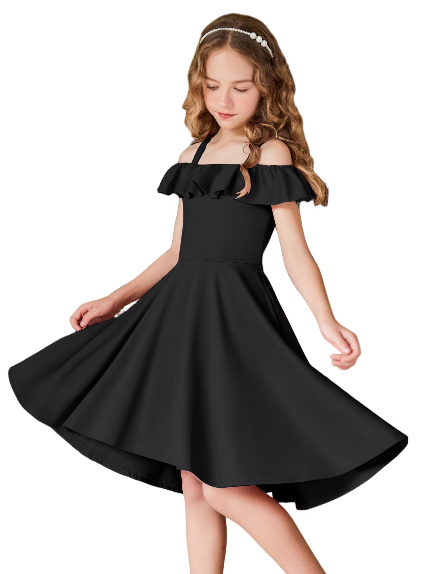 Oudiya Girls Off Shoulder Dress Flutter Sleeve Summer Midi Swing Dress with Pockets Formal Dress 4-13Y