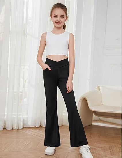 Oudiya Girls Flare Leggings High Waisted Casual V Crossover Pants Yoga Bell Bottoms with Pockets for Kids 5-14Y