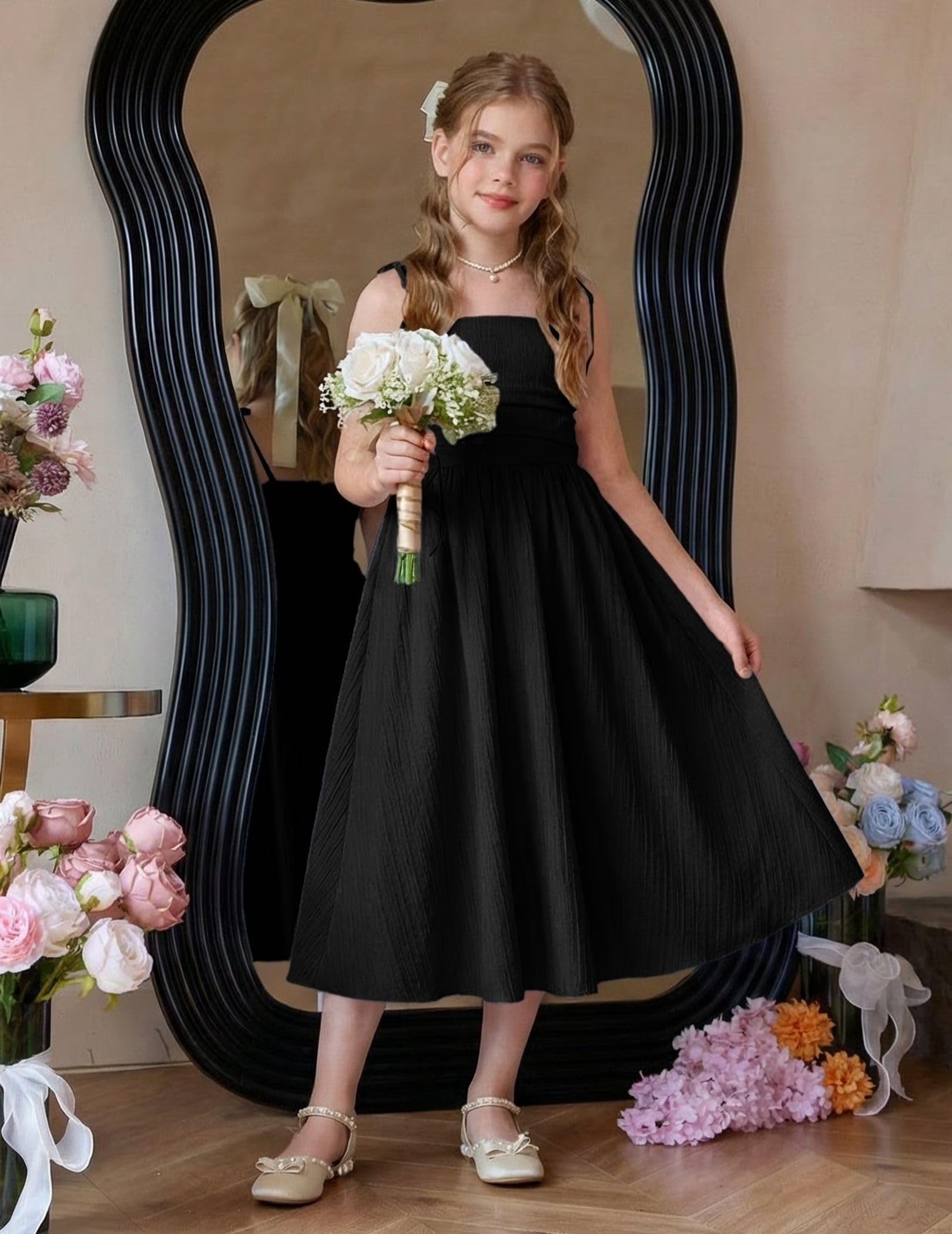 Oudiya Girls Summer Dress Maxi Spaghetti Strap Ruched Flowy Beach Boho Casual Teen Girl Party Sundress 6-14Y
