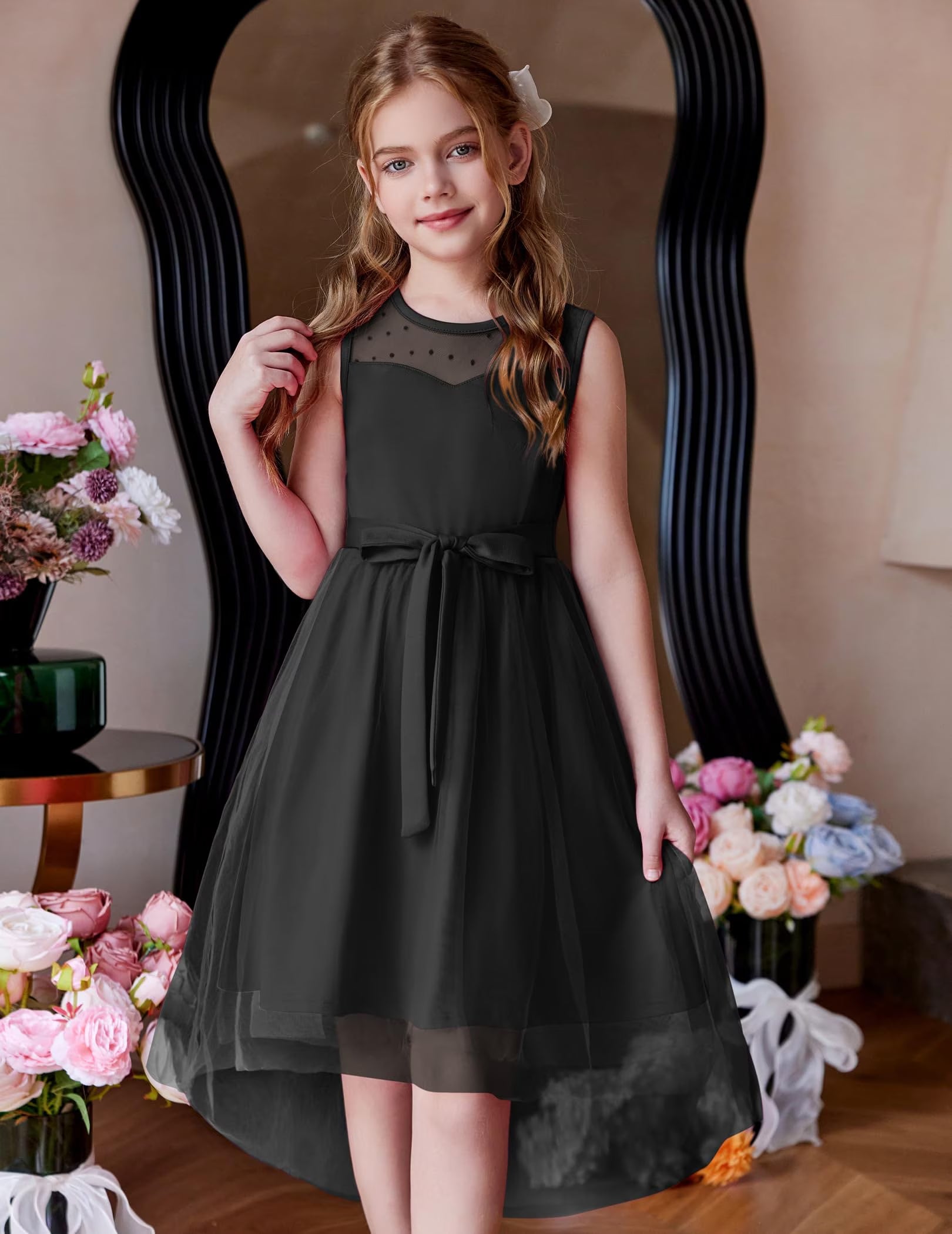 Oudiya Girls Formal Party Dresses Wedding Tulle Sleeveless Contrast Mesh High Low Flower Dress with Belt