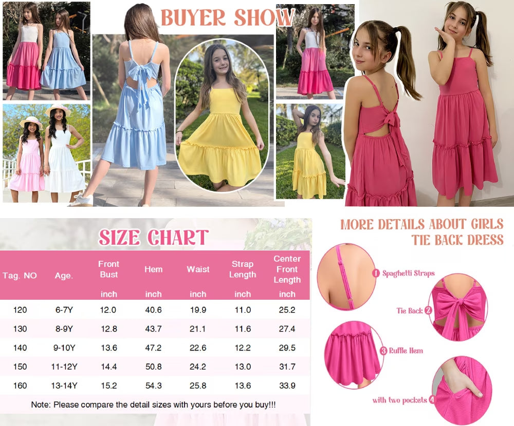 Oudiya Girls Spaghetti Strap Tie Back Dress Ruffle Hem Summer Beach Casual Sundress with Pockets, 6-14Y