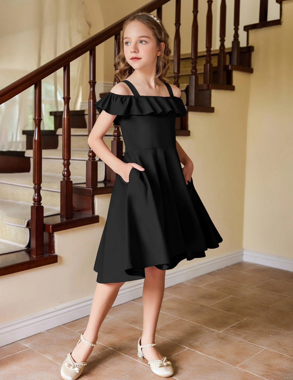 Oudiya Girls Off Shoulder Dress Flutter Sleeve Summer Midi Swing Dress with Pockets Formal Dress 4-13Y