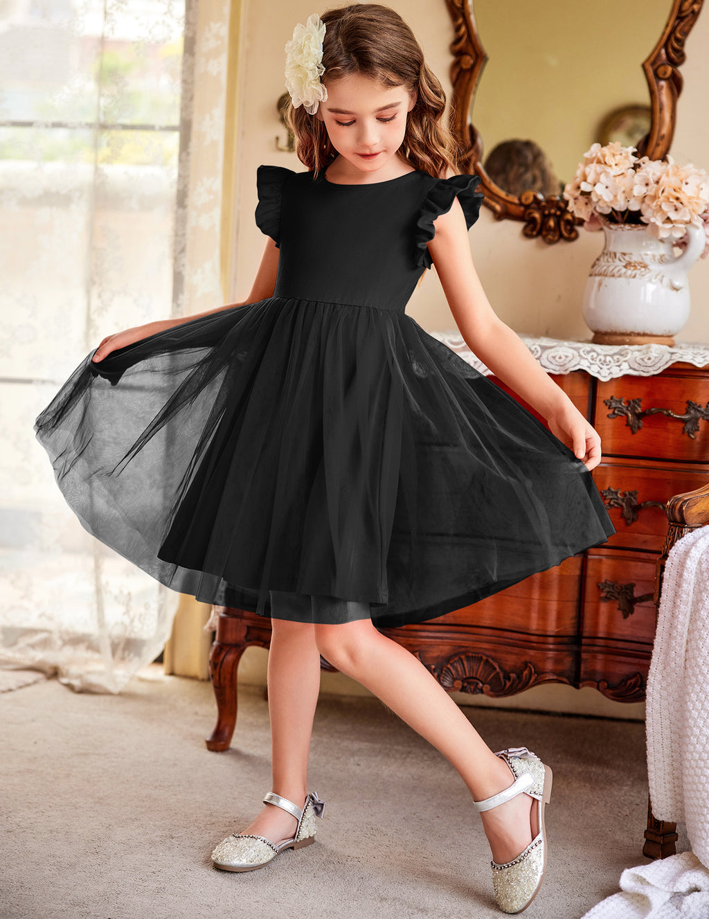 Oudiya Toddler Girls Tutu Dress Fluffy Ruffle Sleeve Dresses Summer Casual Tulle Party Sundress for Kids 6-7Y