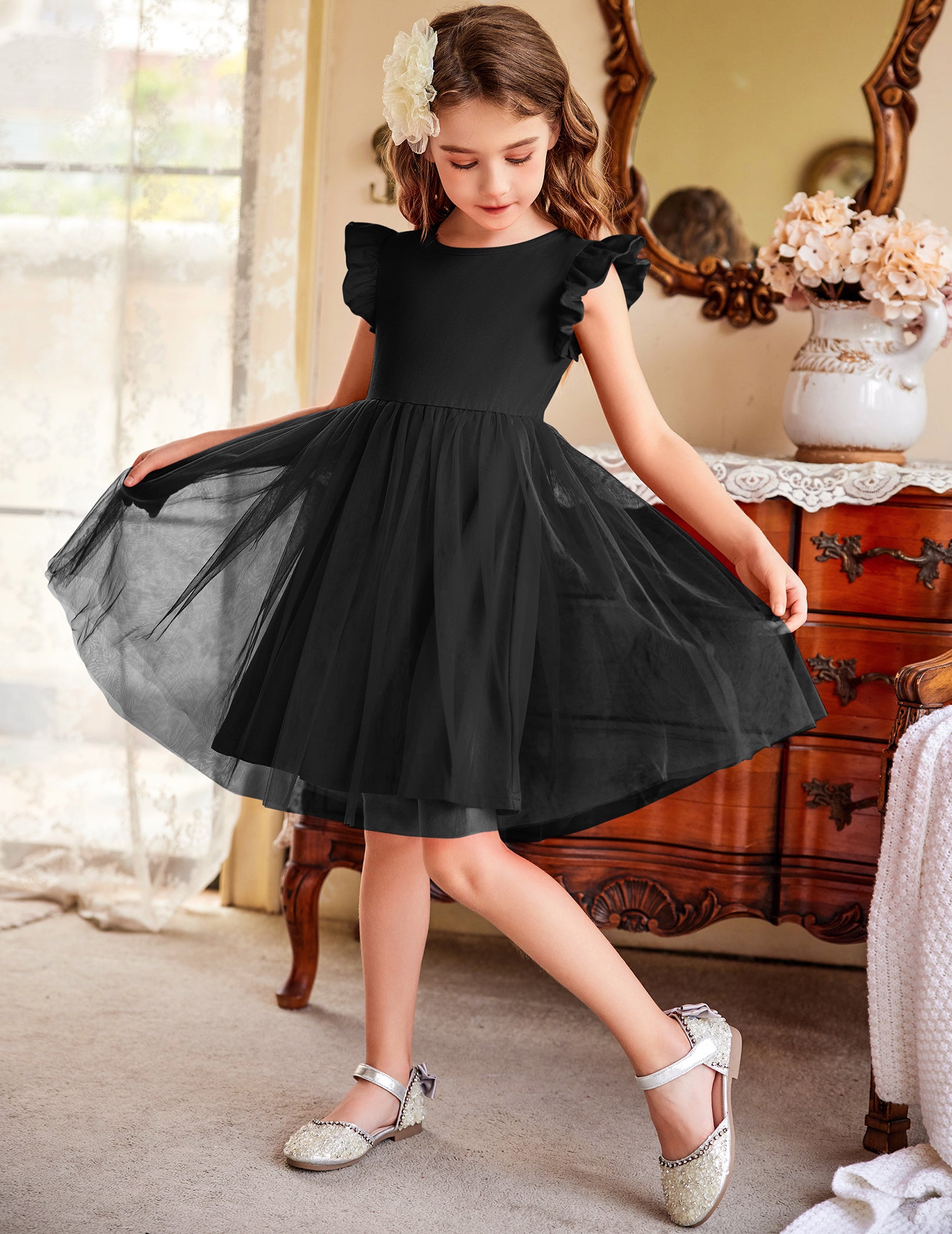 Oudiya Toddler Girls Tutu Dress Fluffy Ruffle Sleeve Dresses Summer Casual Tulle Party Sundress for Kids 6-7Y