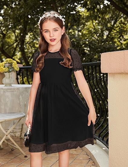 Oudiya Girls Contrast Mesh Short Sleeve Dress Puffy Casual A Line Party Dress for Kids 3-12Y