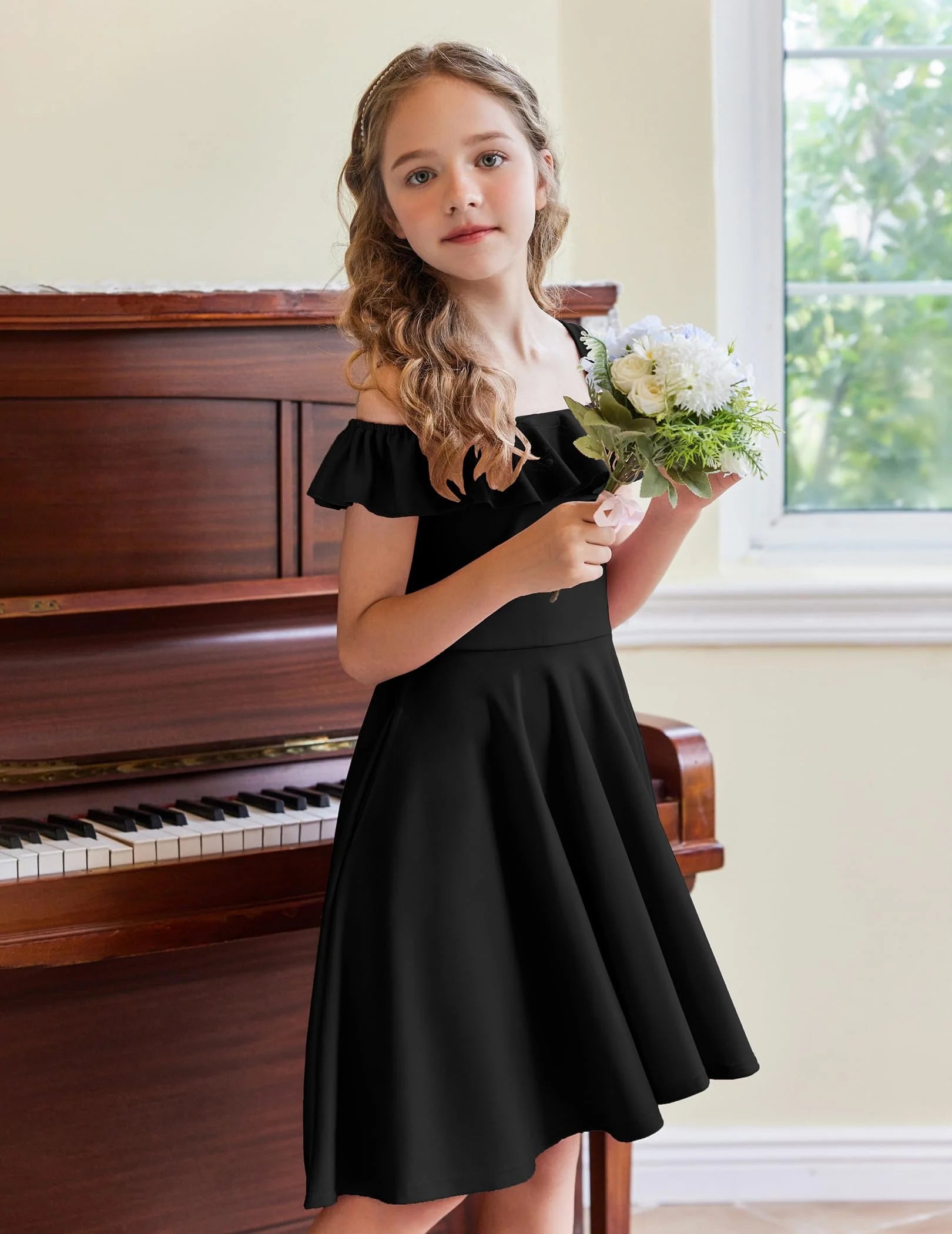 Oudiya Girls Off Shoulder Dress Flutter Sleeve Summer Midi Swing Dress with Pockets Formal Dress 4-13Y
