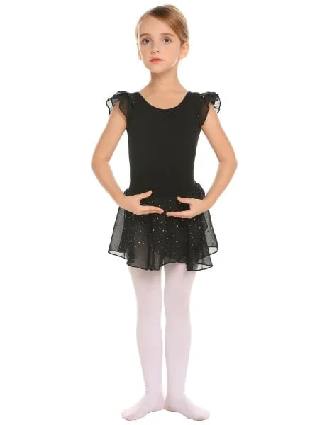 Oudiya Girls Ballet Dance Dress Leotards Ruffle Sleeve Shiny Ballet Tutu Skirt for Kids 3-11Y