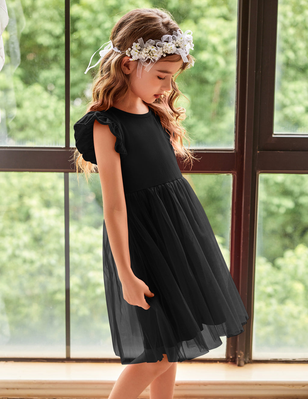 Oudiya Toddler Girls Tutu Dress Fluffy Ruffle Sleeve Dresses Summer Casual Tulle Party Sundress for Kids 6-7Y