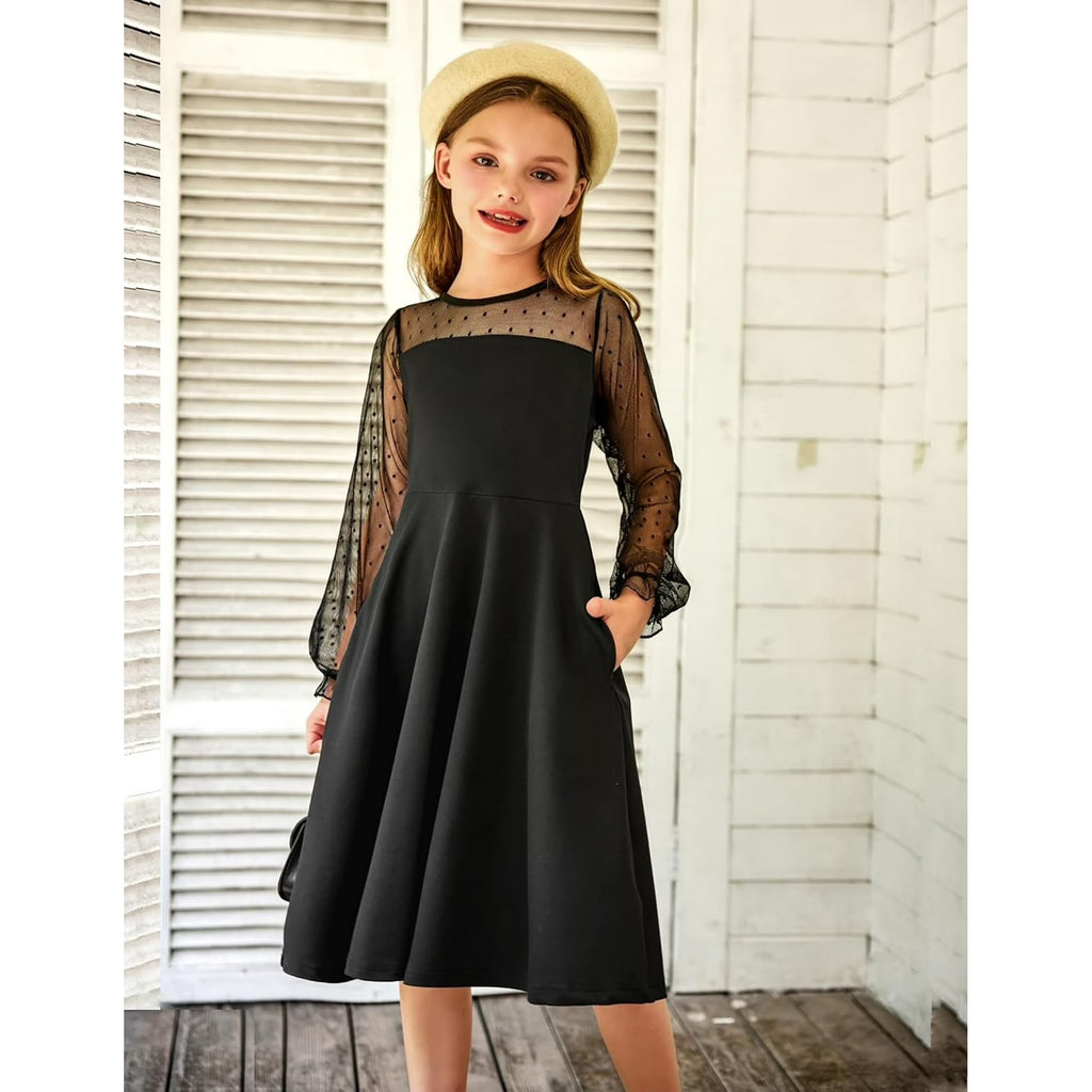 Oudiya Girls Mesh Puff Lantern Long Sleeve High Waist Easter Formal A Line Dress with Pockets for Kids 6-16 Years