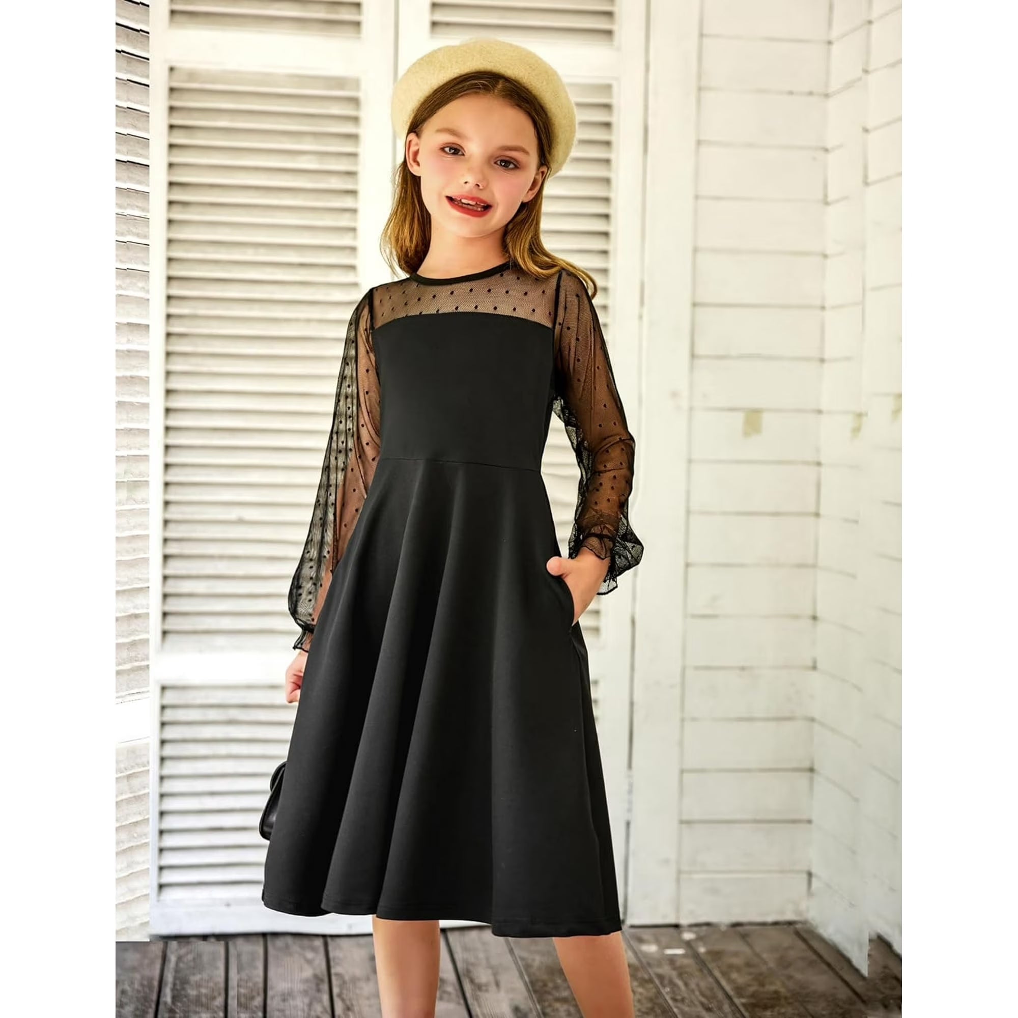 Oudiya Girls Mesh Puff Lantern Long Sleeve High Waist Easter Formal A Line Dress with Pockets for Kids 6-16 Years