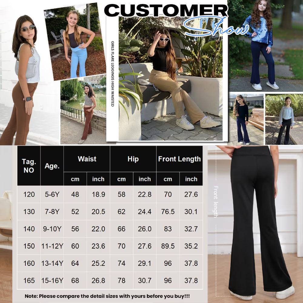 Oudiya Girls Flare Leggings High Waisted Casual V Crossover Pants Yoga Bell Bottoms with Pockets for Kids 5-14Y