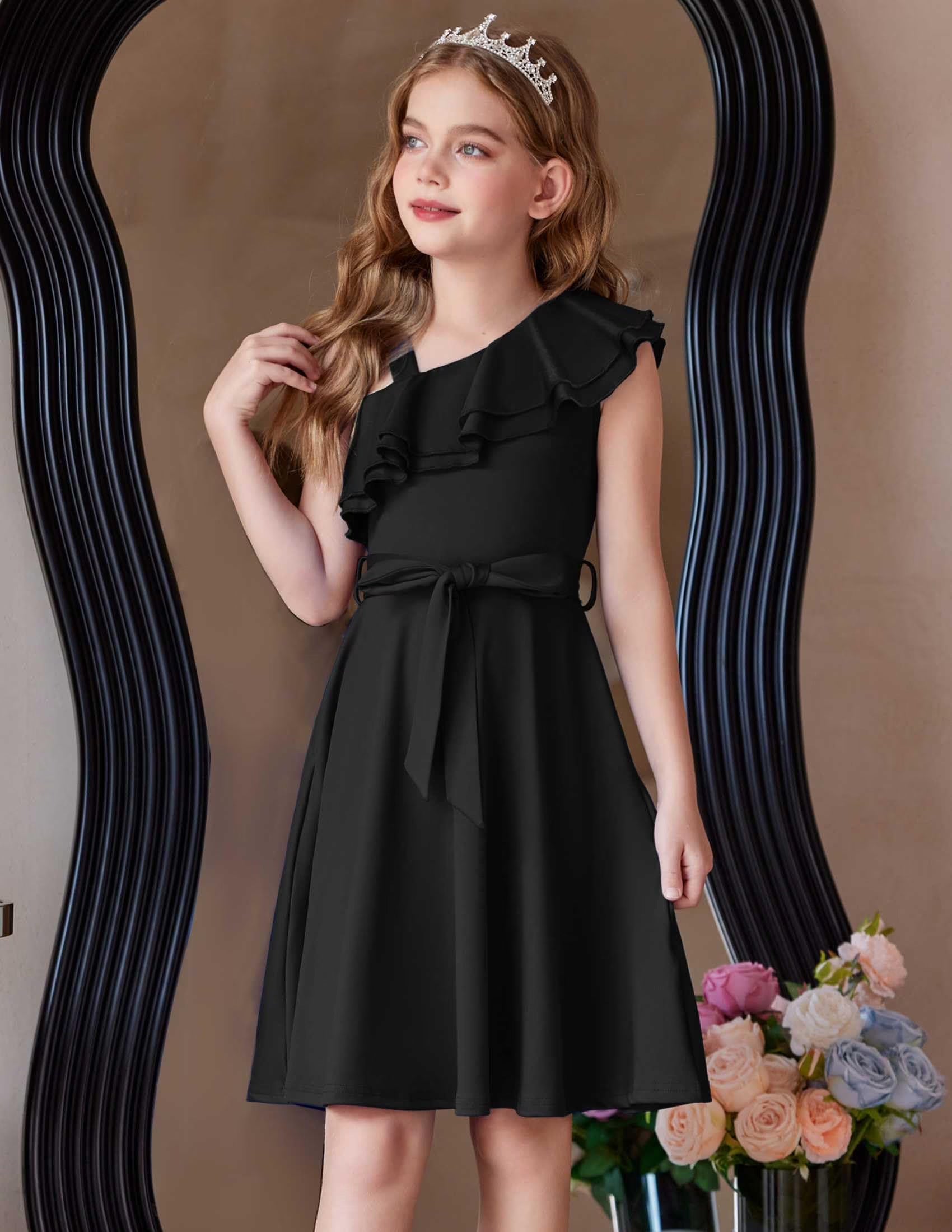 Oudiya Girls One Shoulder Dress Formal Ruffle Trim Birthday Party Dresses with Belted Pockets for Kids 5-12Y