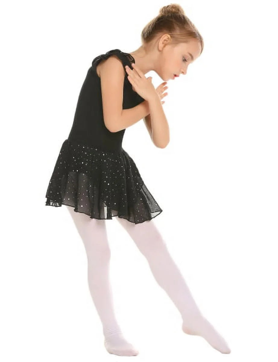 Oudiya Girls Ballet Dance Dress Leotards Ruffle Sleeve Shiny Ballet Tutu Skirt for Kids 3-11Y