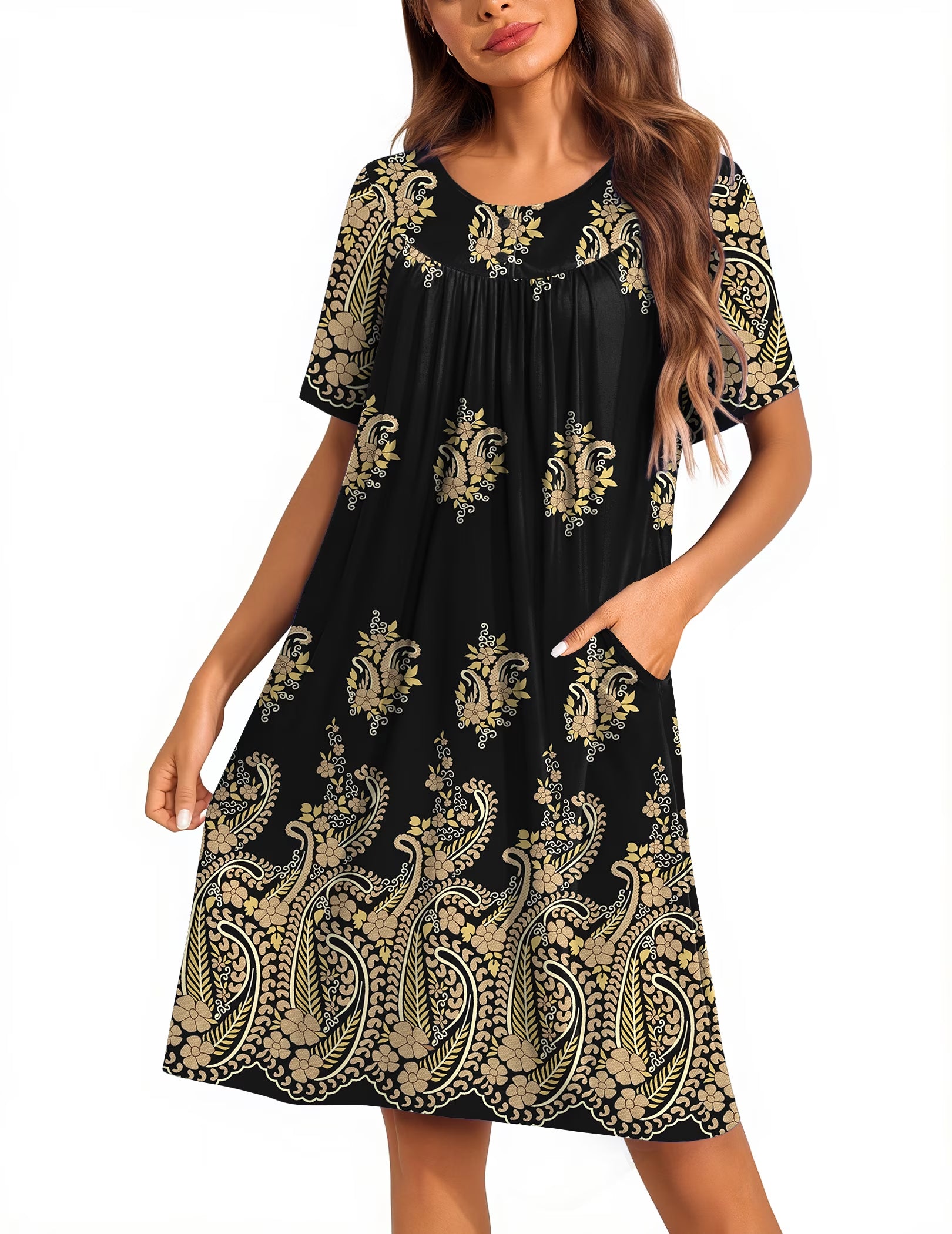 Oudiya Women Moo Moos House Dresses Button Short Sleeve Floral Mumu Nightgown with Pocket, S-3XL