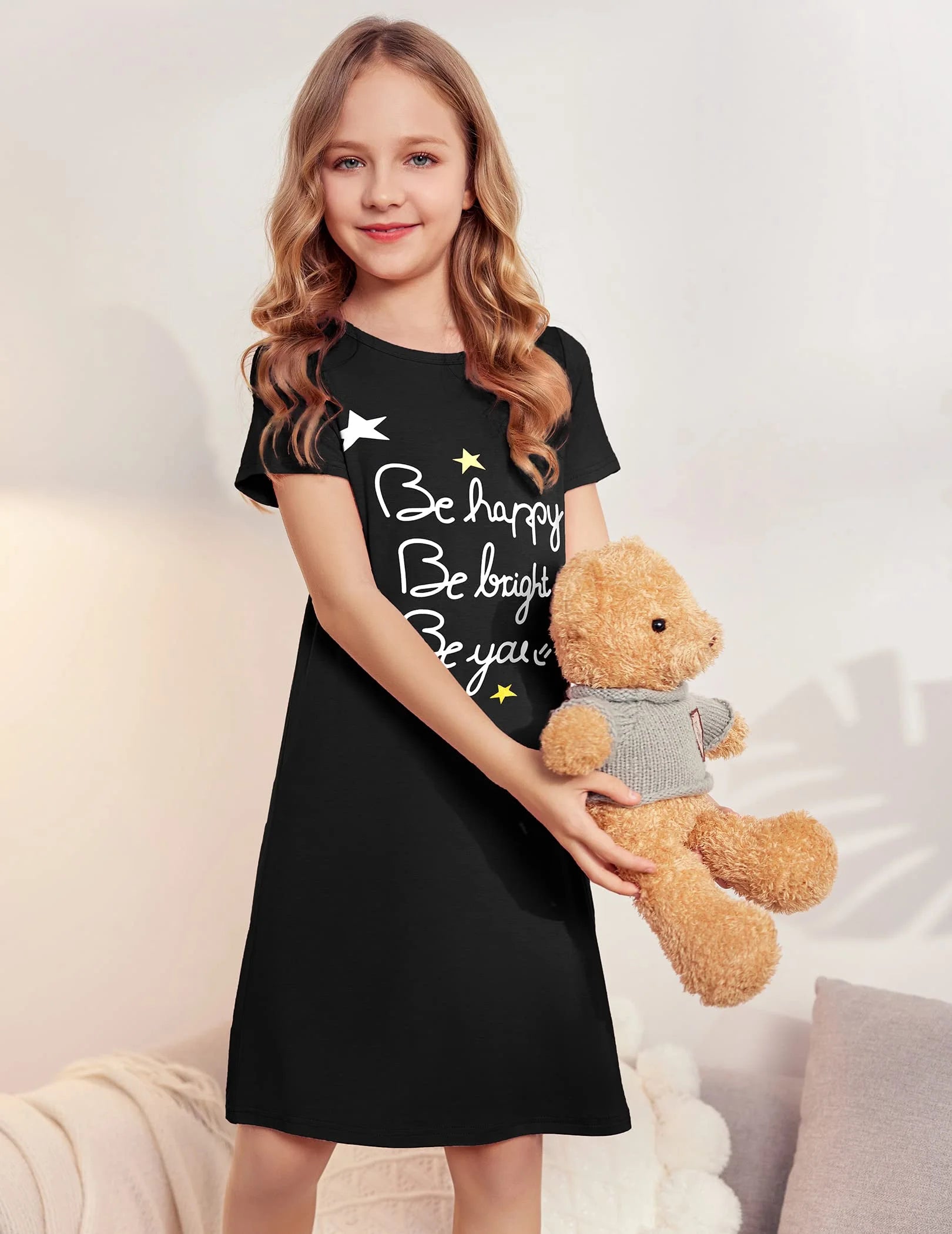 Oudiya Girls Short Sleeve Nightgowns Soft Print Pajamas Sleepwear Nighties for Kids 4-12