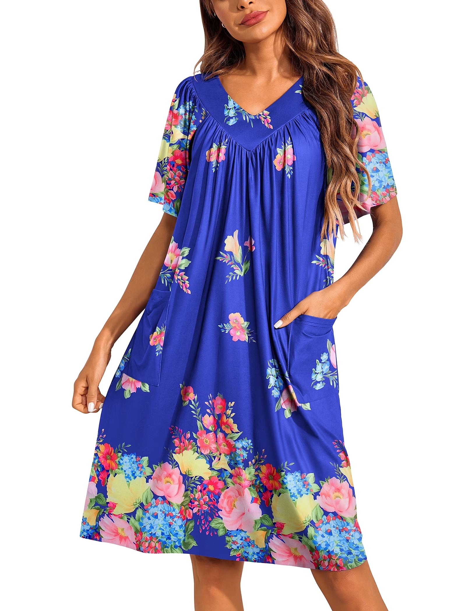 Oudiya Womens Mumus House Dress Floral Print Short Sleeve Nightgowns Moomoo Dresses with Pockets