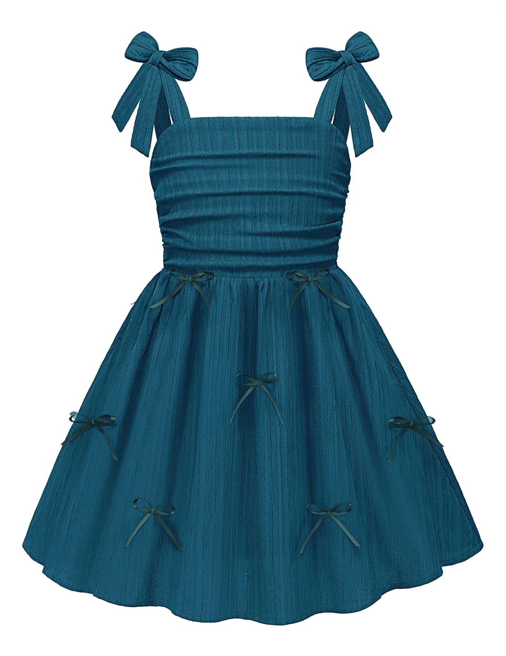 Oudiya Girls Summer Dreeses Spaghetti Strap Bow Ruched Smocked Back Boho Beach Party Sundress, 4-14Y