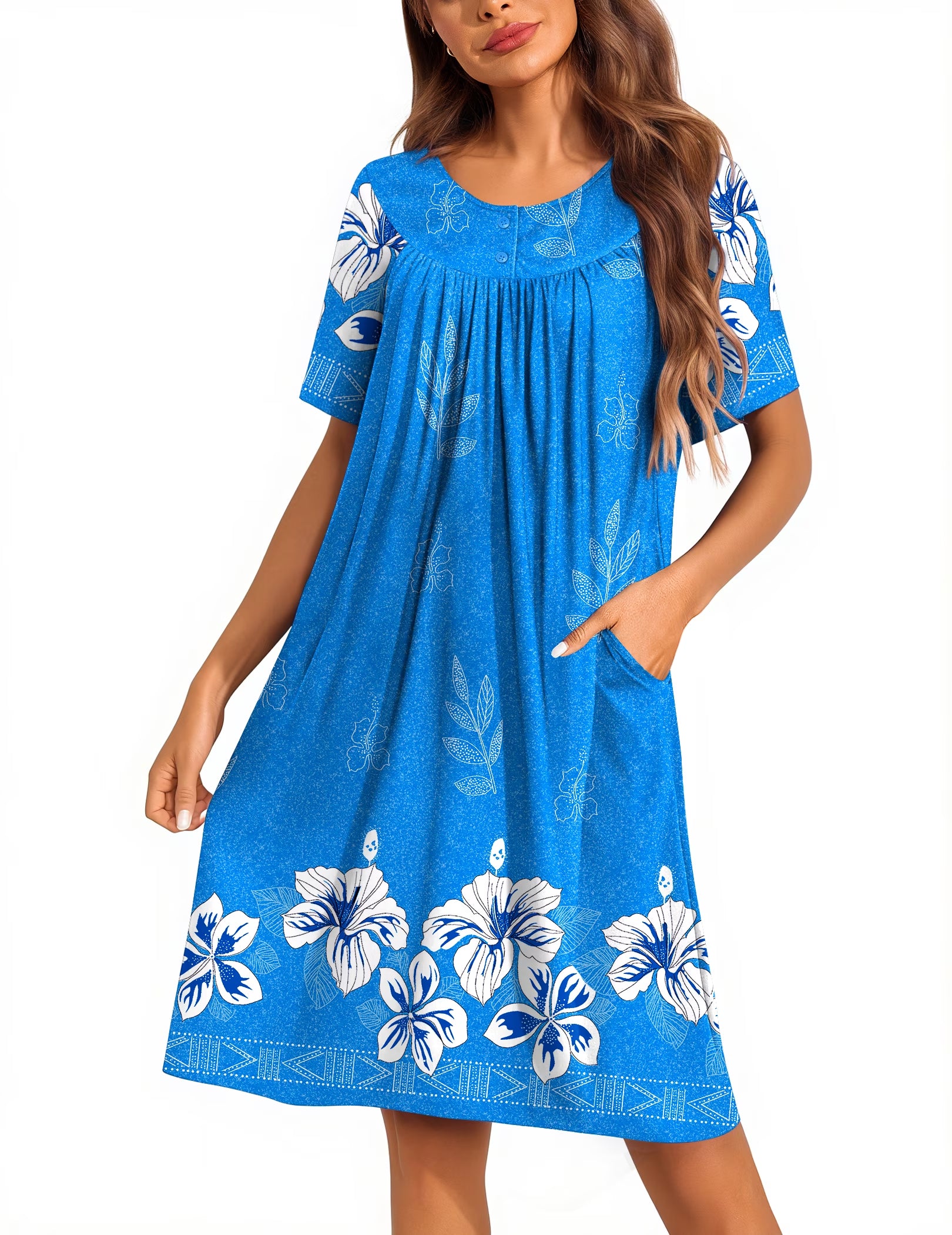 Oudiya Women Moo Moos House Dresses Button Short Sleeve Floral Mumu Nightgown with Pocket, S-3XL
