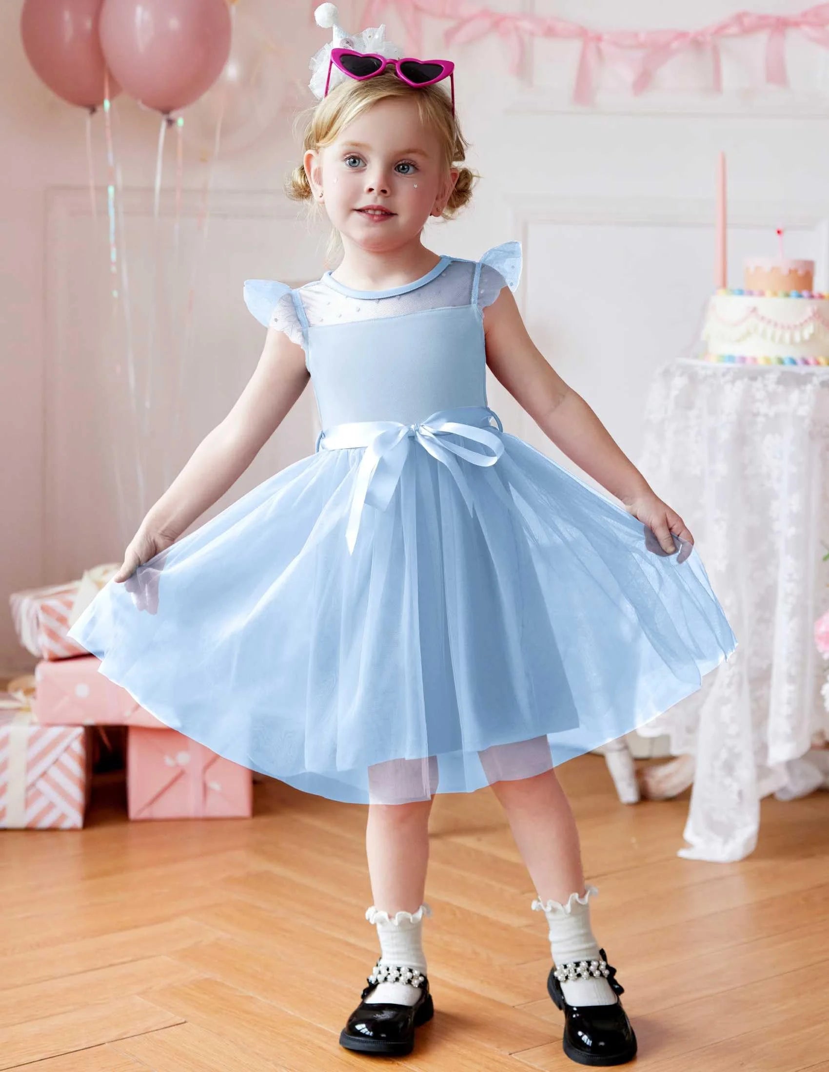 Oudiya Toddler Girls Tutu Dress Summer Contrast Mesh Party Dresses Cute Princess Tulle Sundress with Belt 2-8Y