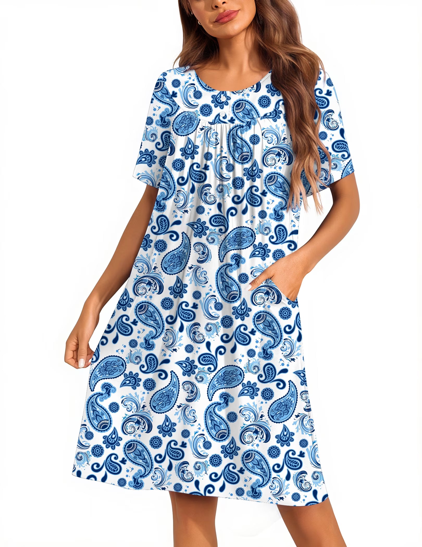Oudiya Women Moo Moos House Dresses Button Short Sleeve Floral Mumu Nightgown with Pocket, S-3XL