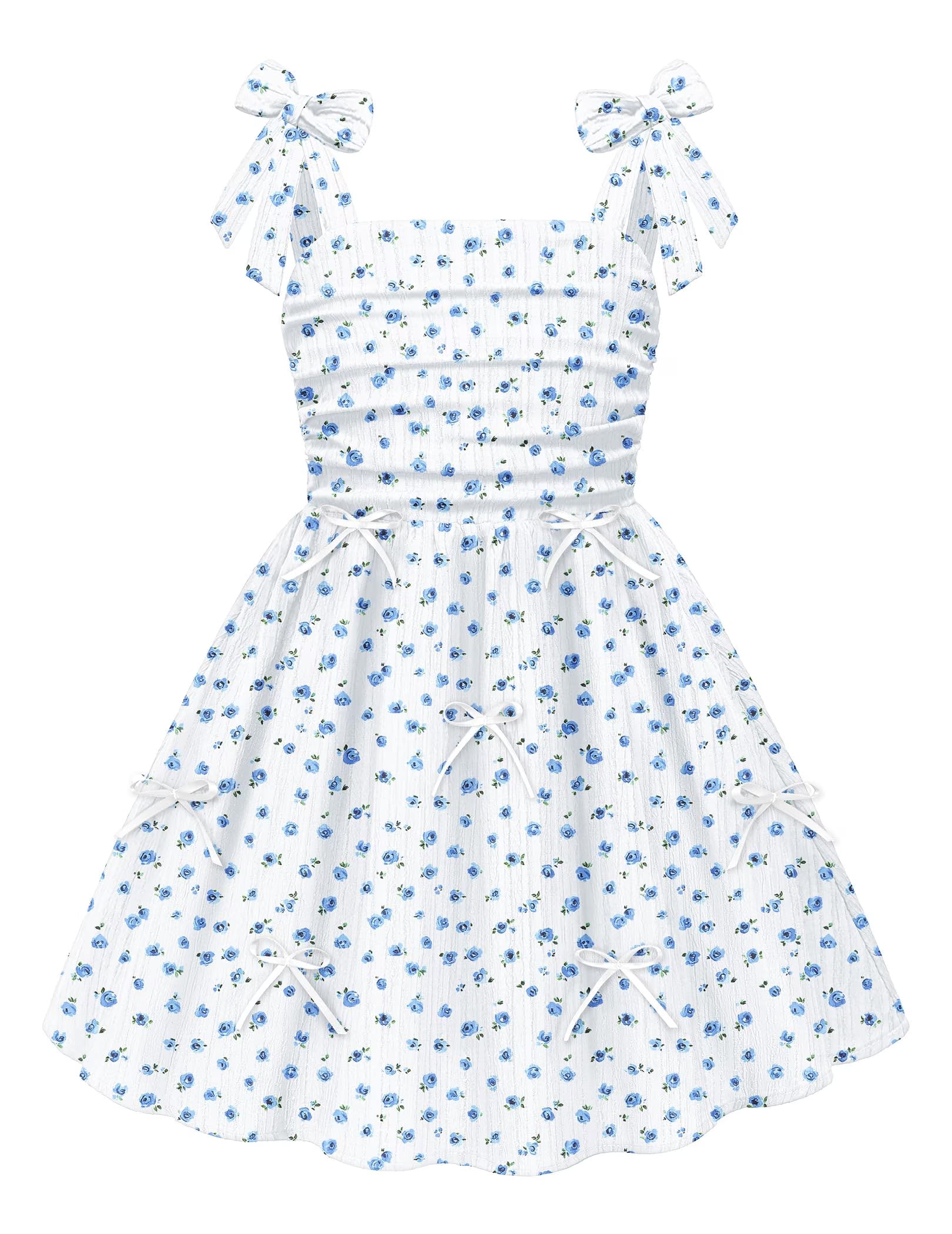 Oudiya Girls Summer Dreeses Spaghetti Strap Bow Ruched Smocked Back Boho Beach Party Sundress, 4-14Y