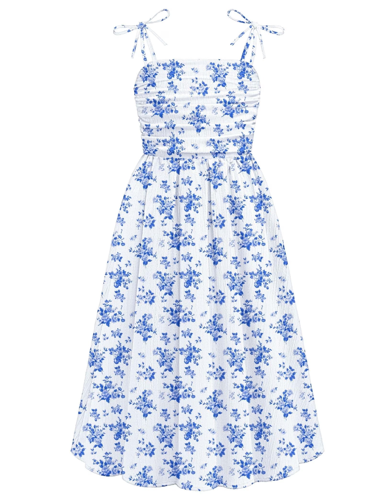 Oudiya Girls Summer Dress Maxi Spaghetti Strap Ruched Flowy Beach Boho Casual Teen Girl Party Sundress 6-14Y