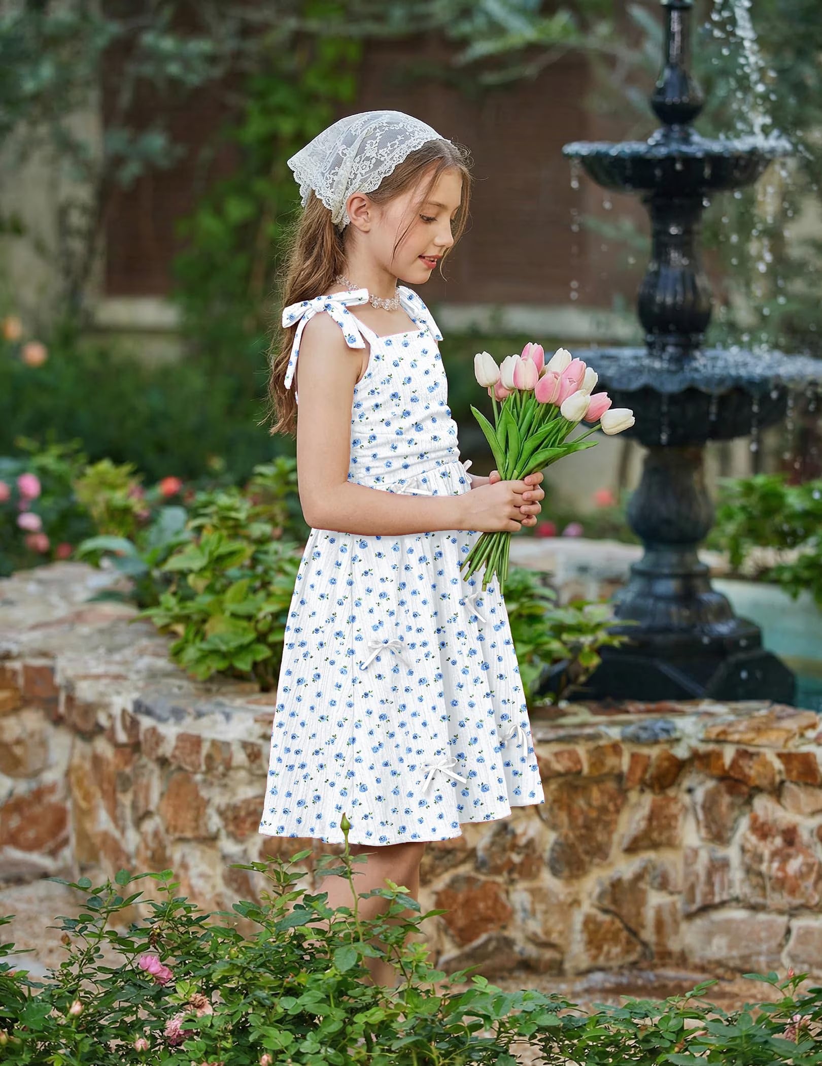 Oudiya Girls Summer Dreeses Spaghetti Strap Bow Ruched Smocked Back Boho Beach Party Sundress, 4-14Y