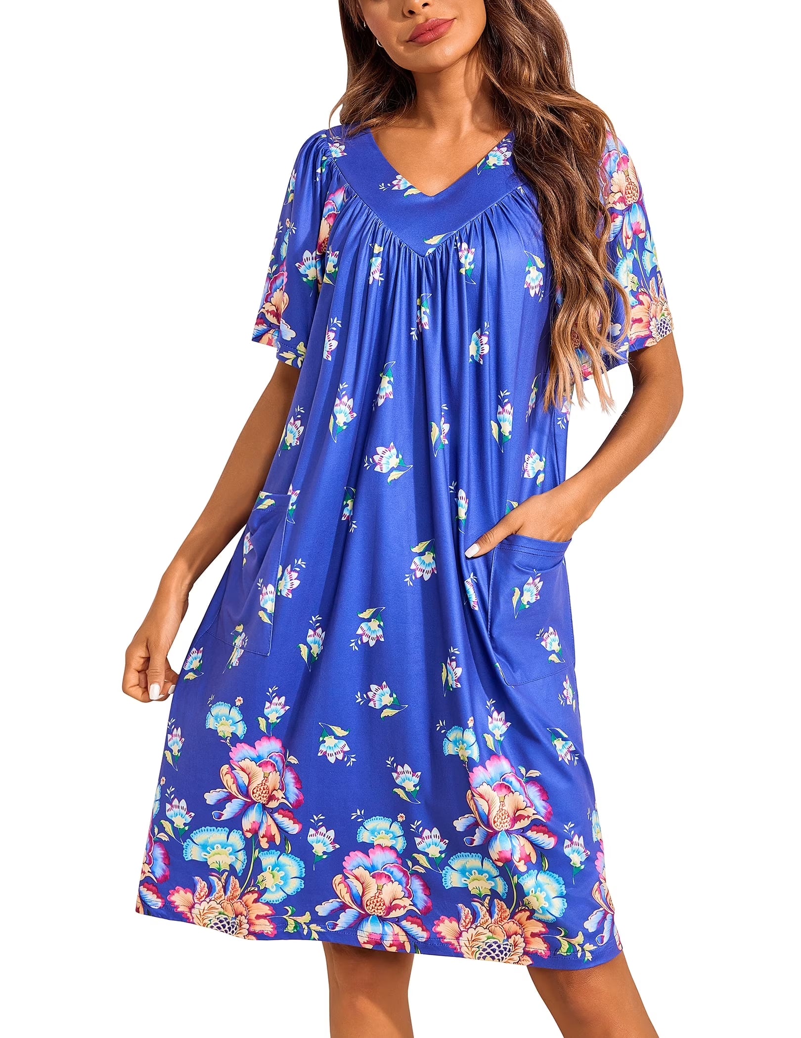 Oudiya Womens Mumus House Dress Floral Print Short Sleeve Nightgowns Moomoo Dresses with Pockets