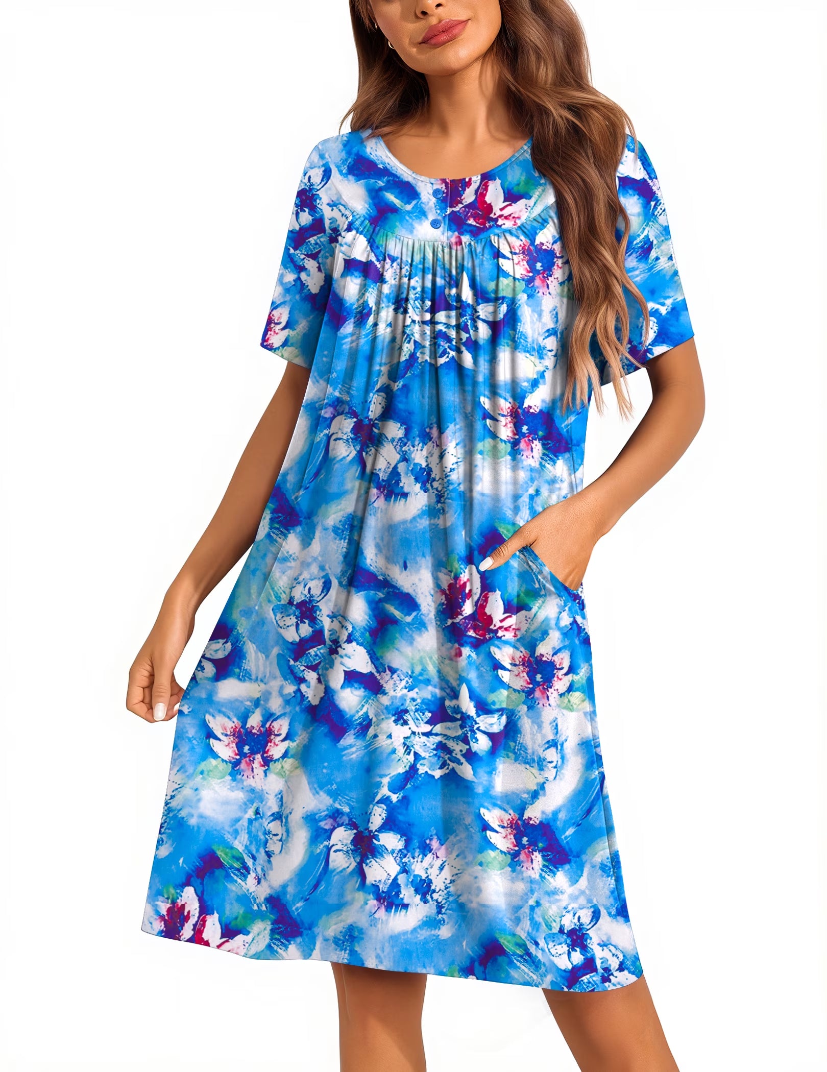 Oudiya Women Moo Moos House Dresses Button Short Sleeve Floral Mumu Nightgown with Pocket, S-3XL