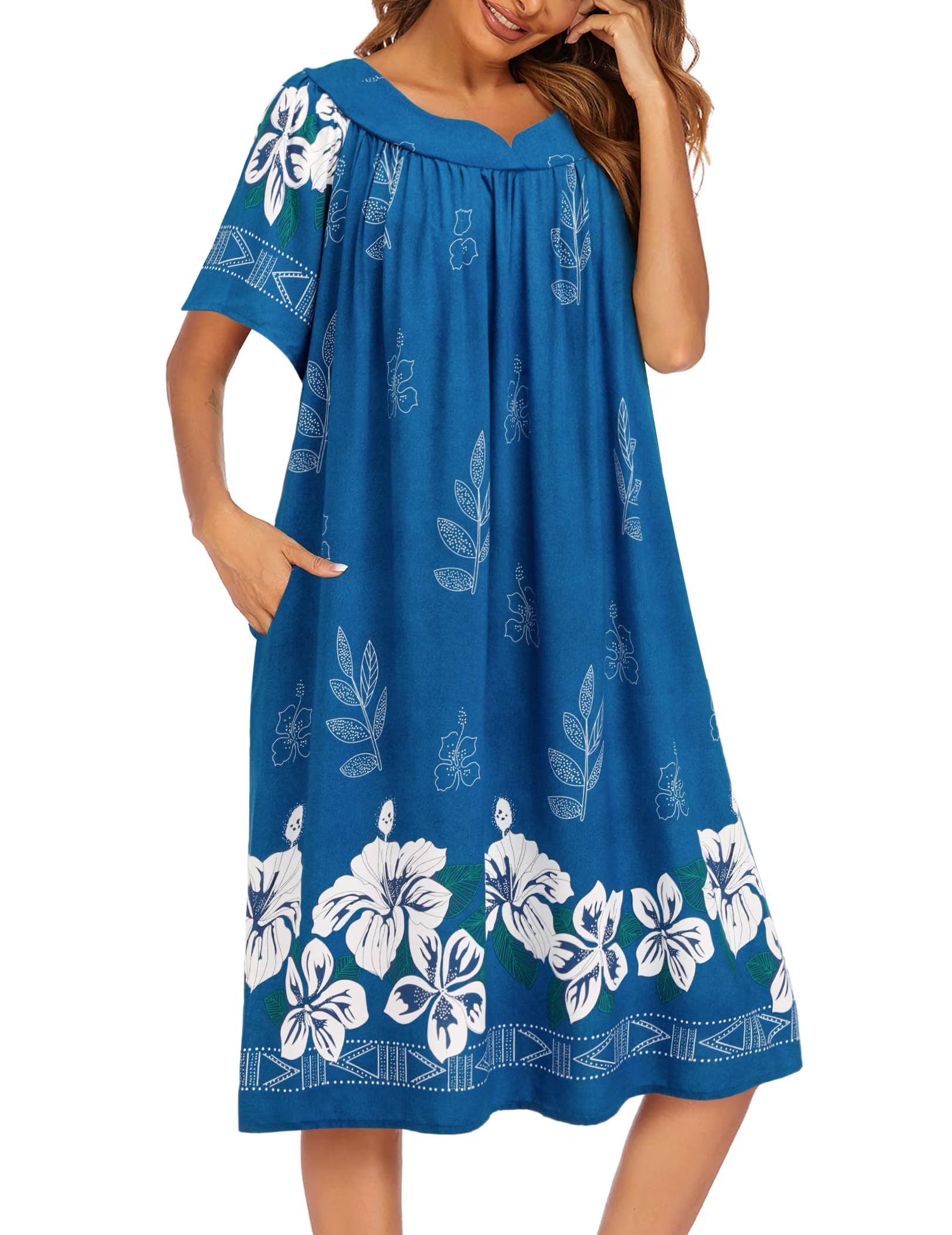 Oudiya Womens Nightgown Short Sleeve House Dress with Pockets-Floral Print Mumu Dress
